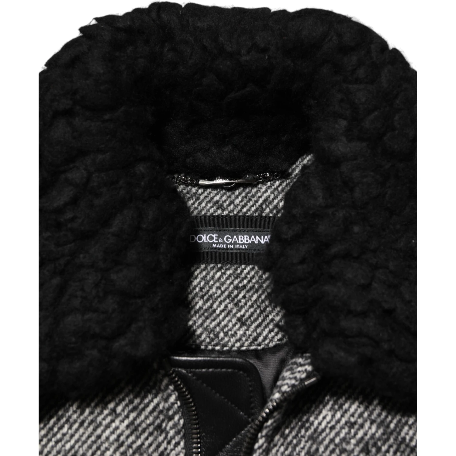 Gray Wool Herringbone Shearling Collar Bomber Jacket