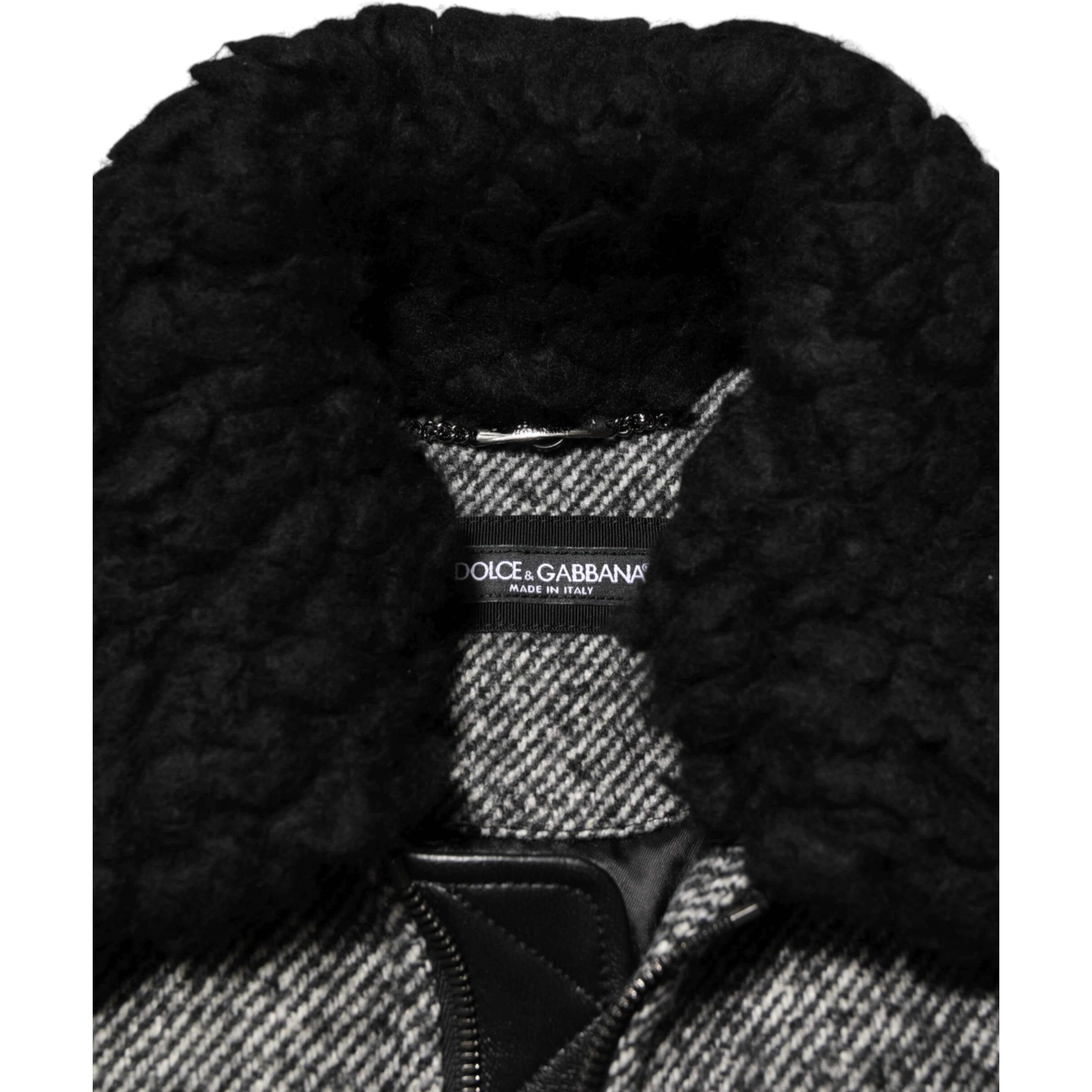 Gray Wool Herringbone Shearling Collar Bomber Jacket