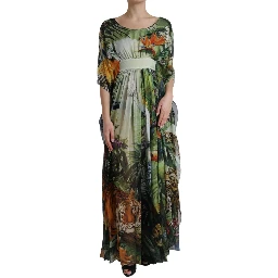Multicolor Silk Jungle Print Women Maxi Dress