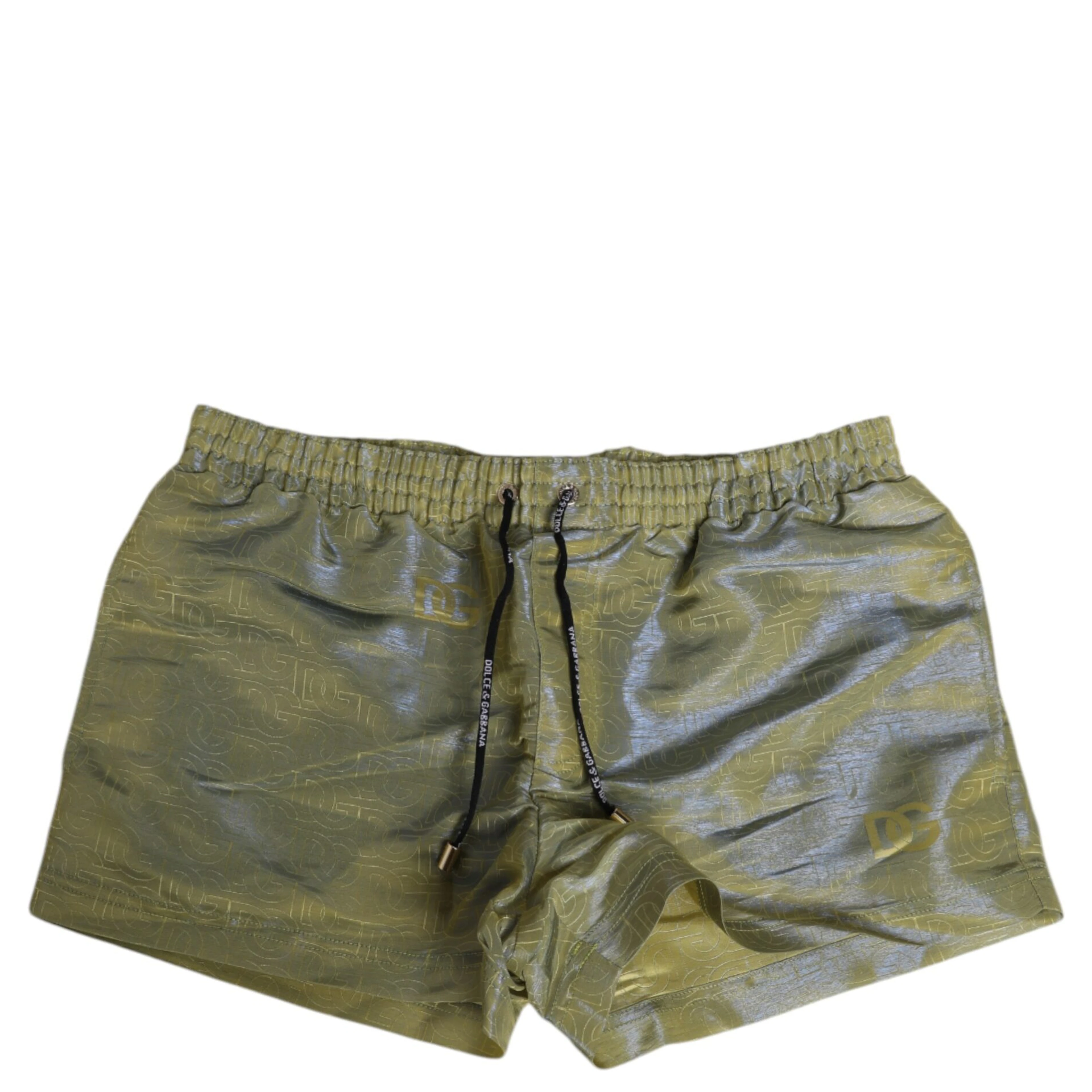 Green Polyester Metallic Logo Print Men Swimwear