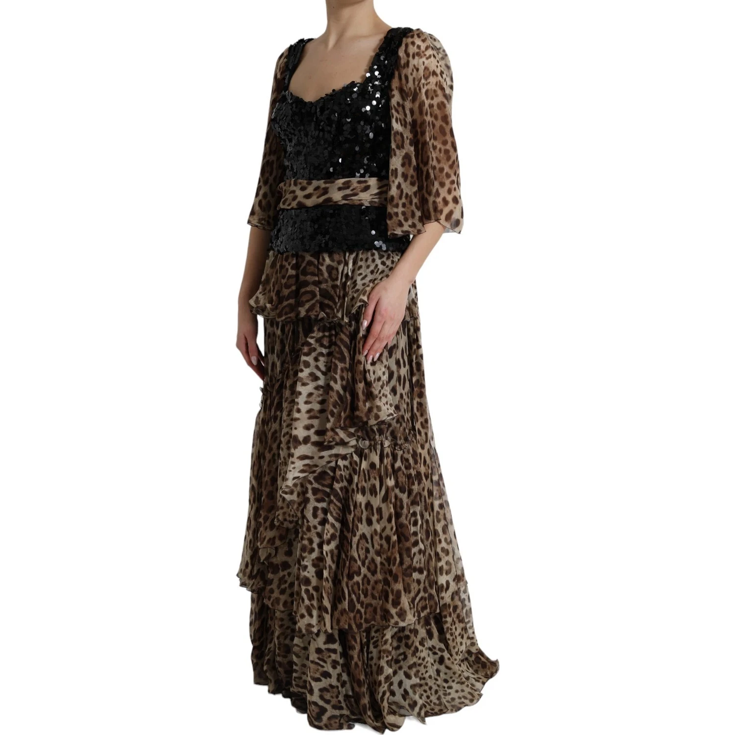 Leopard Print Silk Sequin Ruffle Maxi Dress