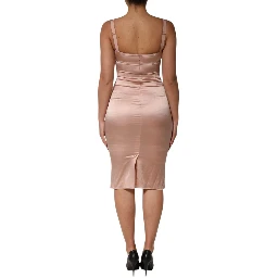 Blush Pink Silk Satin Bustier Midi Bodycon Dress