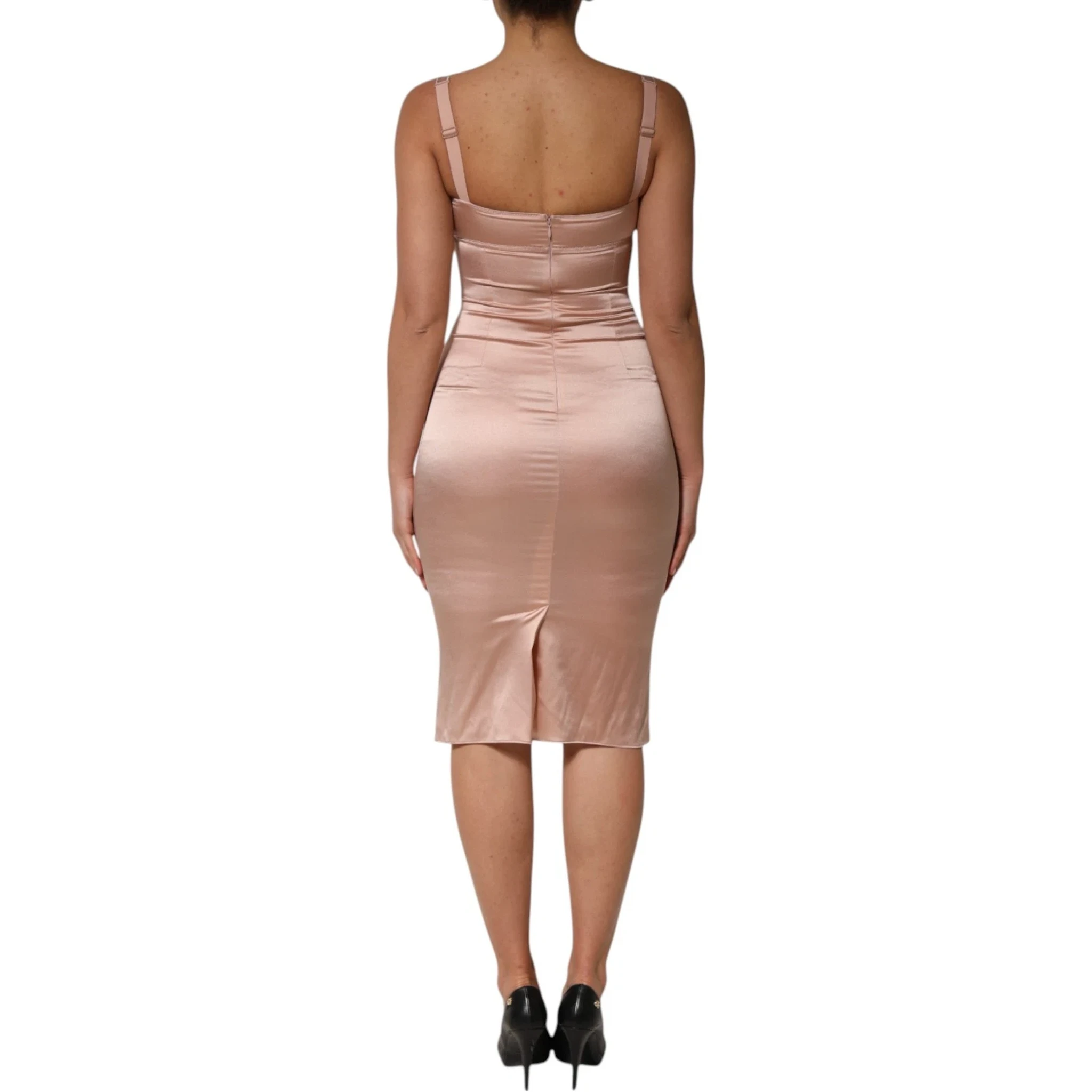 Blush Pink Silk Satin Bustier Midi Bodycon Dress