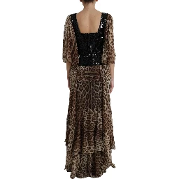 Leopard Print Silk Sequin Ruffle Maxi Dress