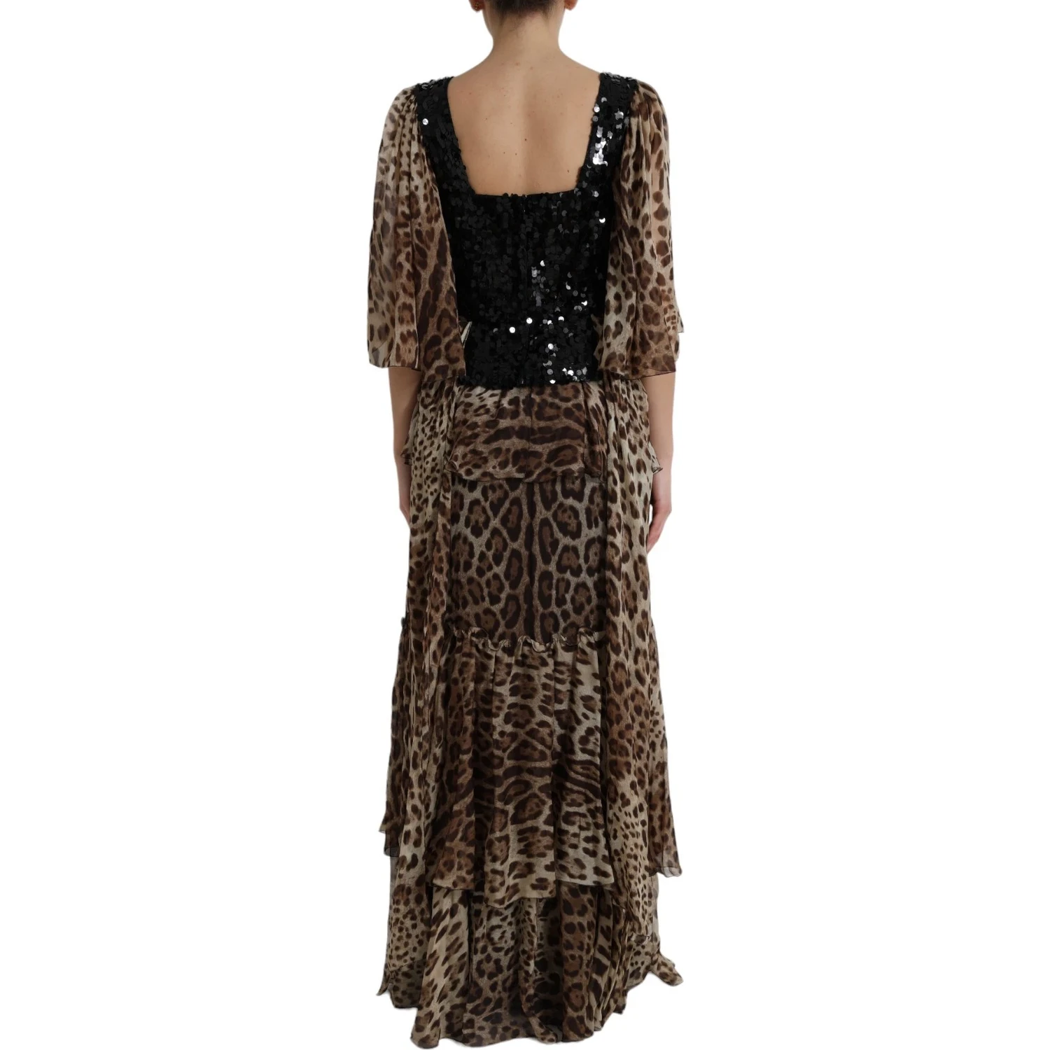 Leopard Print Silk Sequin Ruffle Maxi Dress