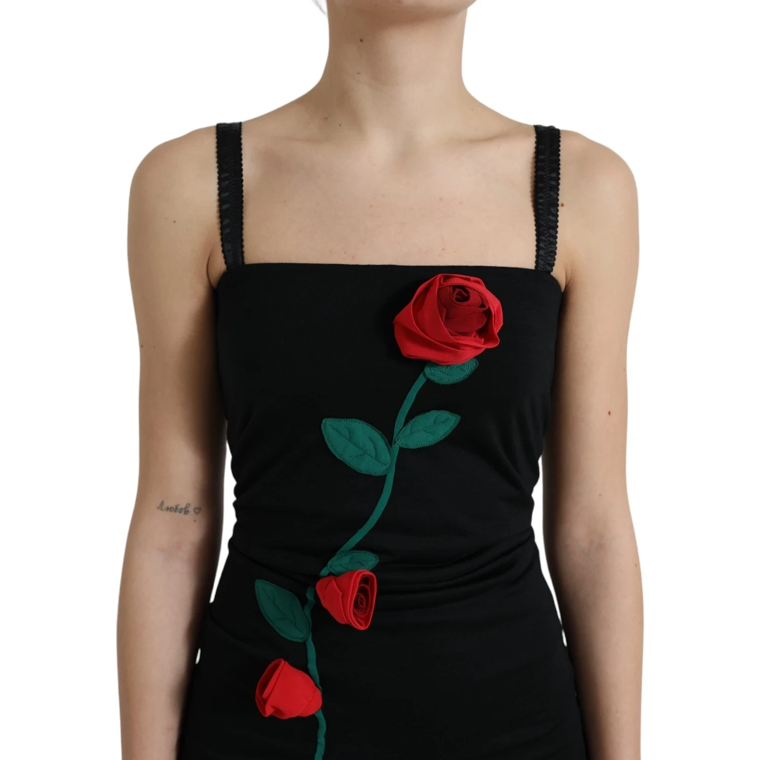 Black Wool Sleeveless Rose Applique Dress