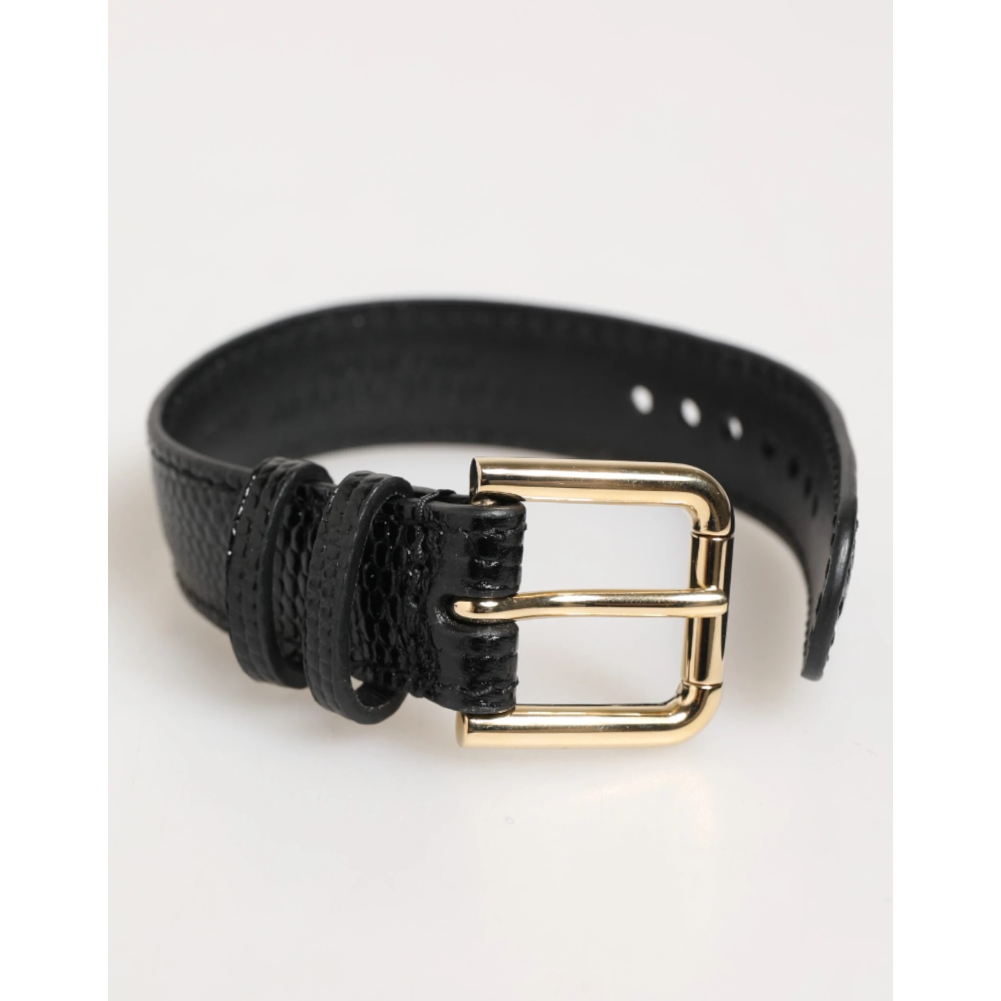 Black Embossed Leather Gold Buckle Belt Strap Bracelet