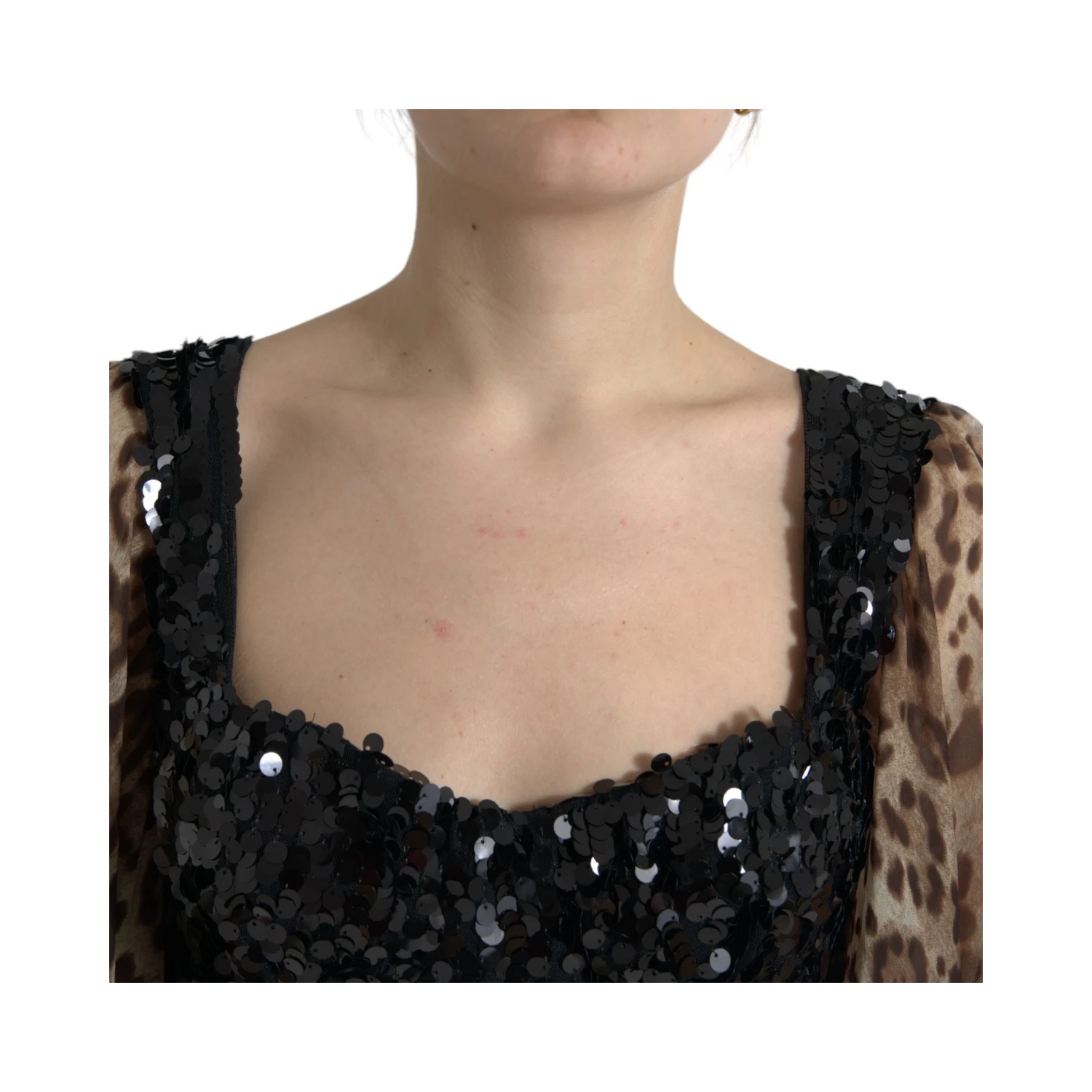 Leopard Print Silk Sequin Ruffle Maxi Dress