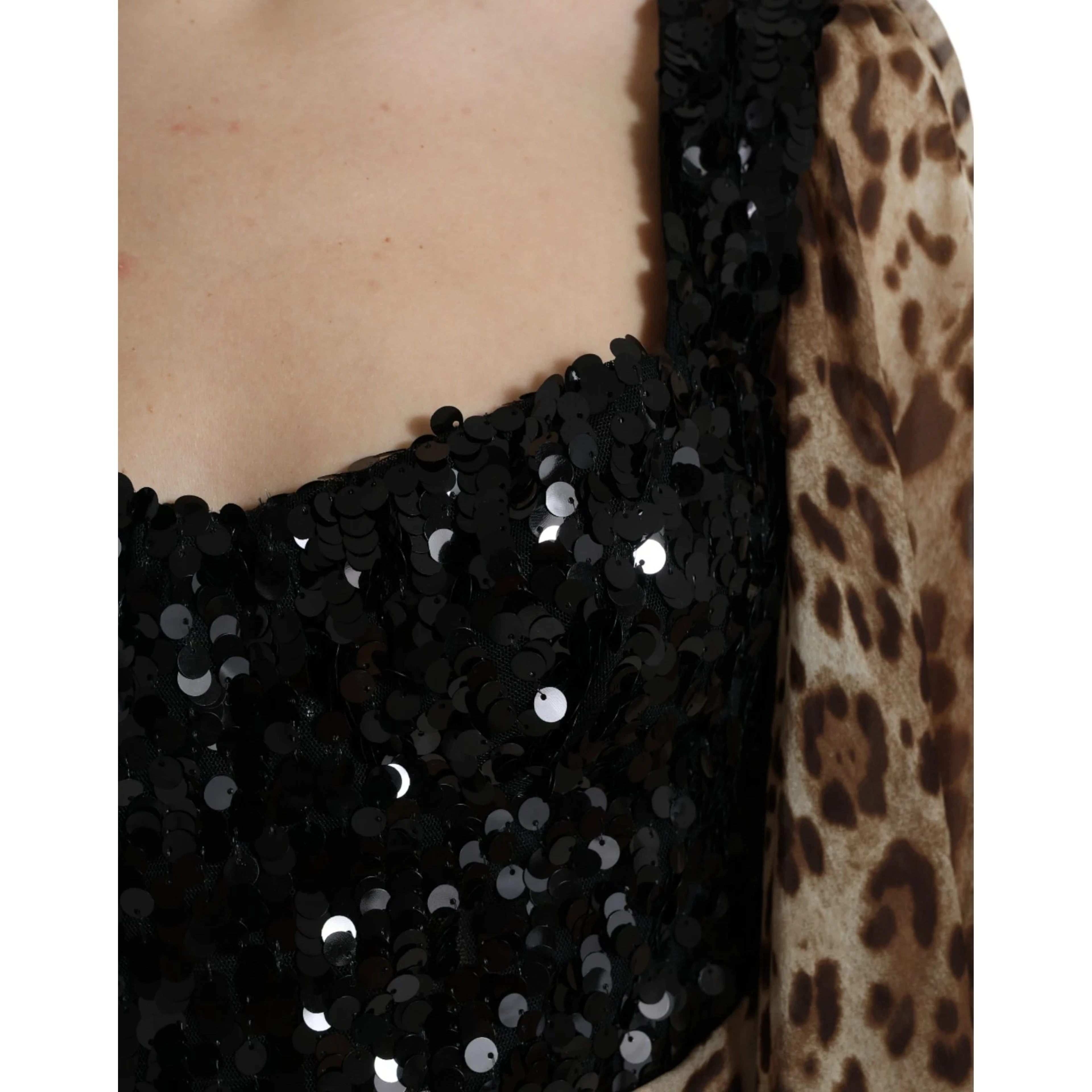 Leopard Print Silk Sequin Ruffle Maxi Dress