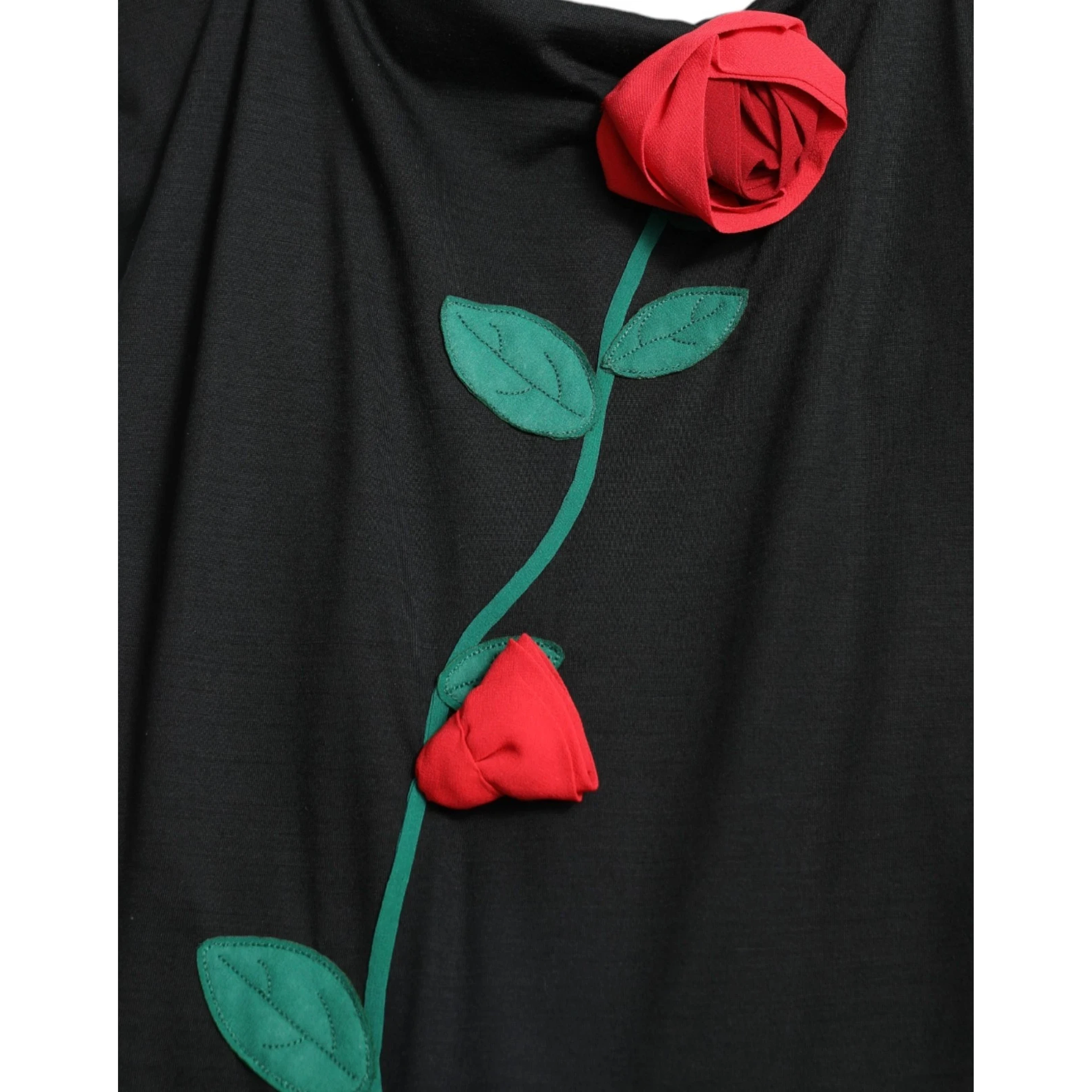 Black Wool Sleeveless Rose Applique Dress