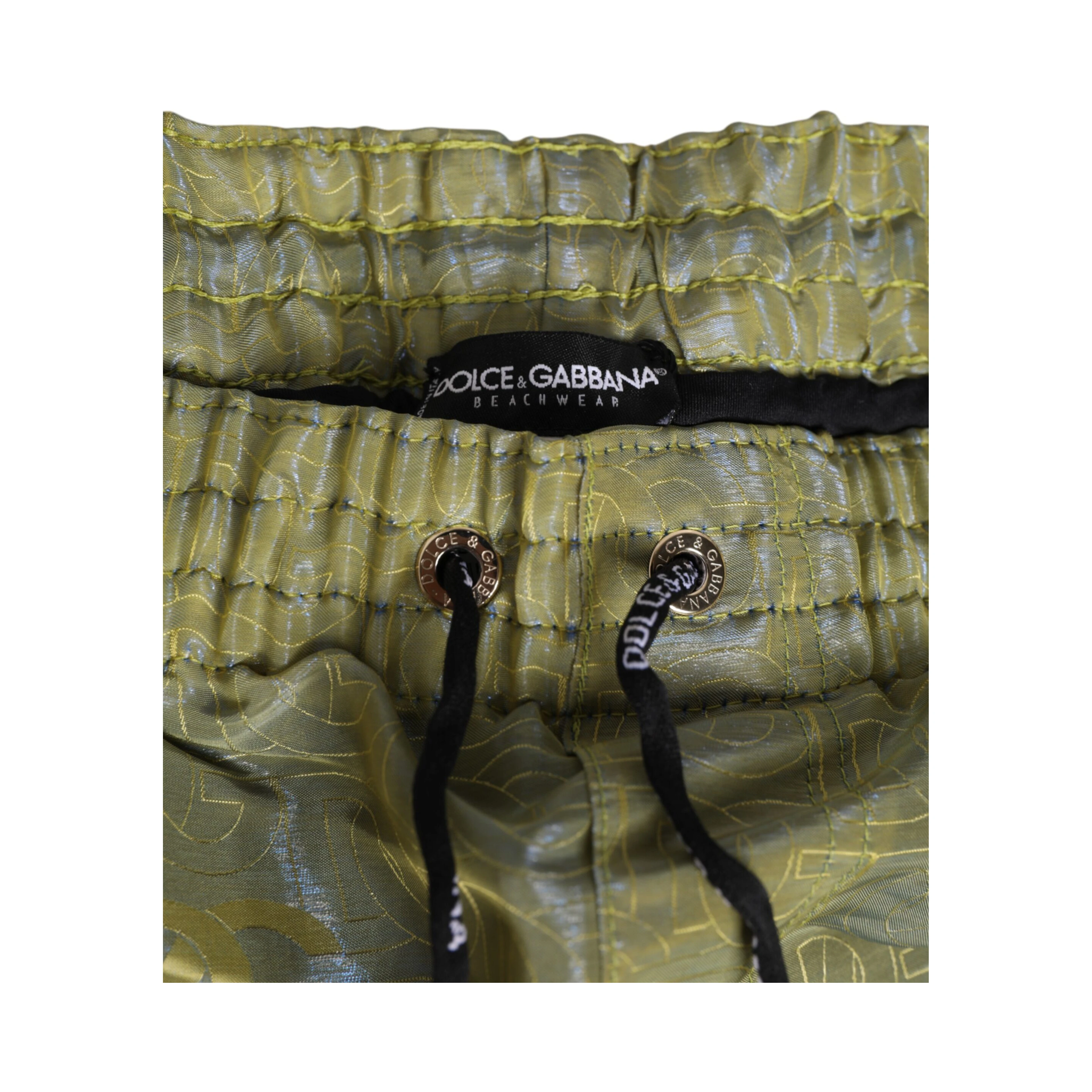 Green Polyester Metallic Logo Print Men Swimwear