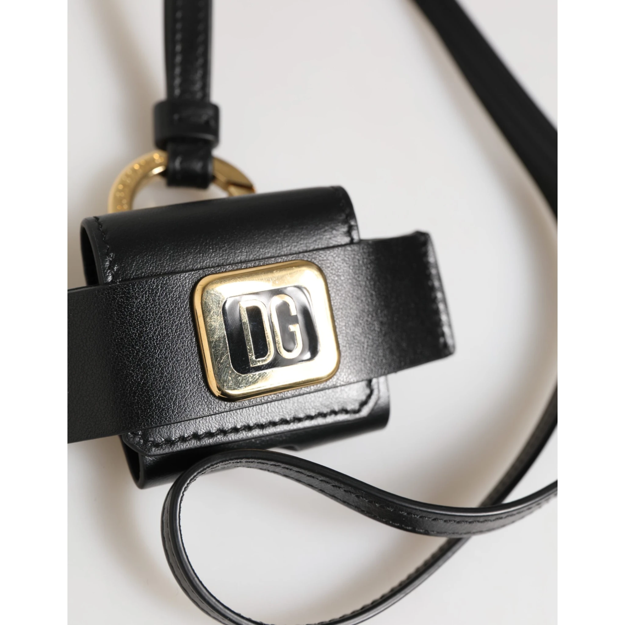 Black Leather Strap Gold Metal DG Logo Plaque Airpods Case