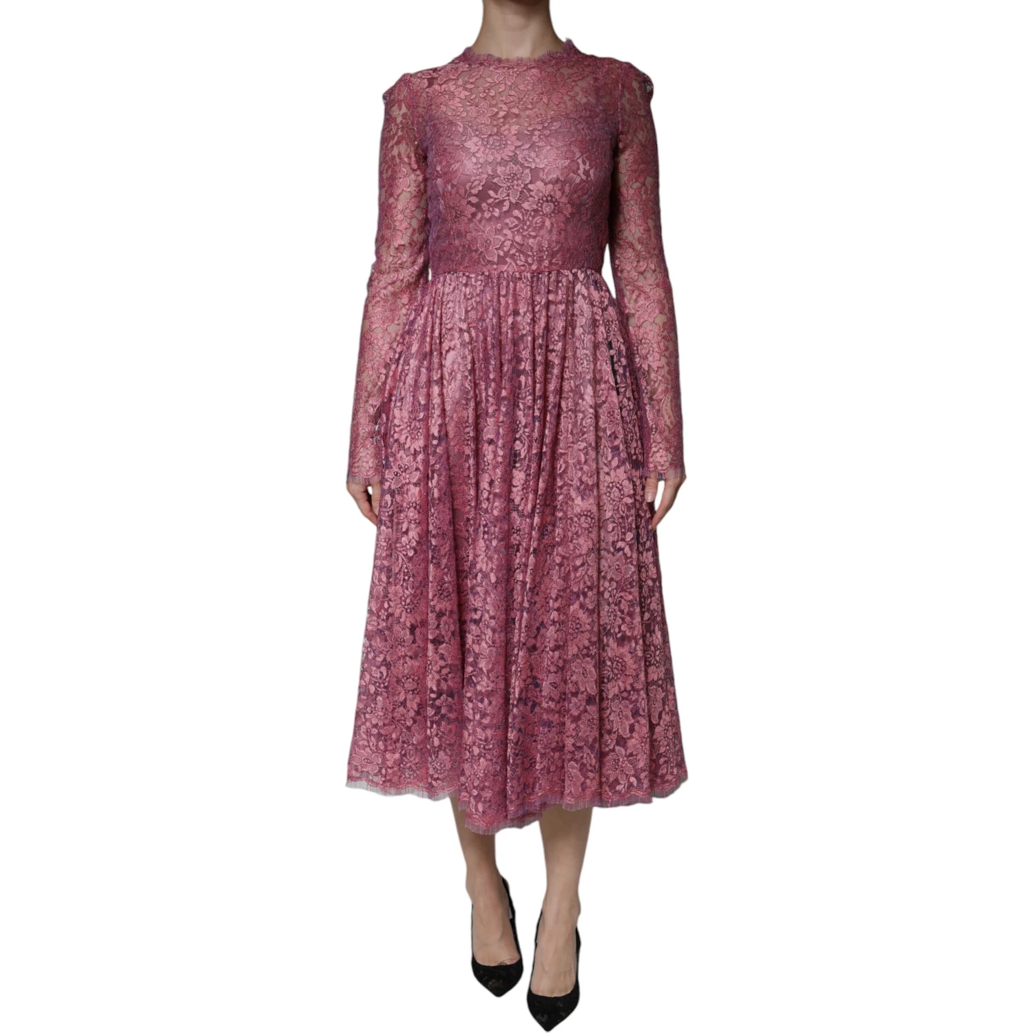 Pink Floral Lace Long Sleeve Midi Dress