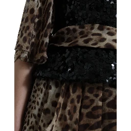 Leopard Print Silk Sequin Ruffle Maxi Dress