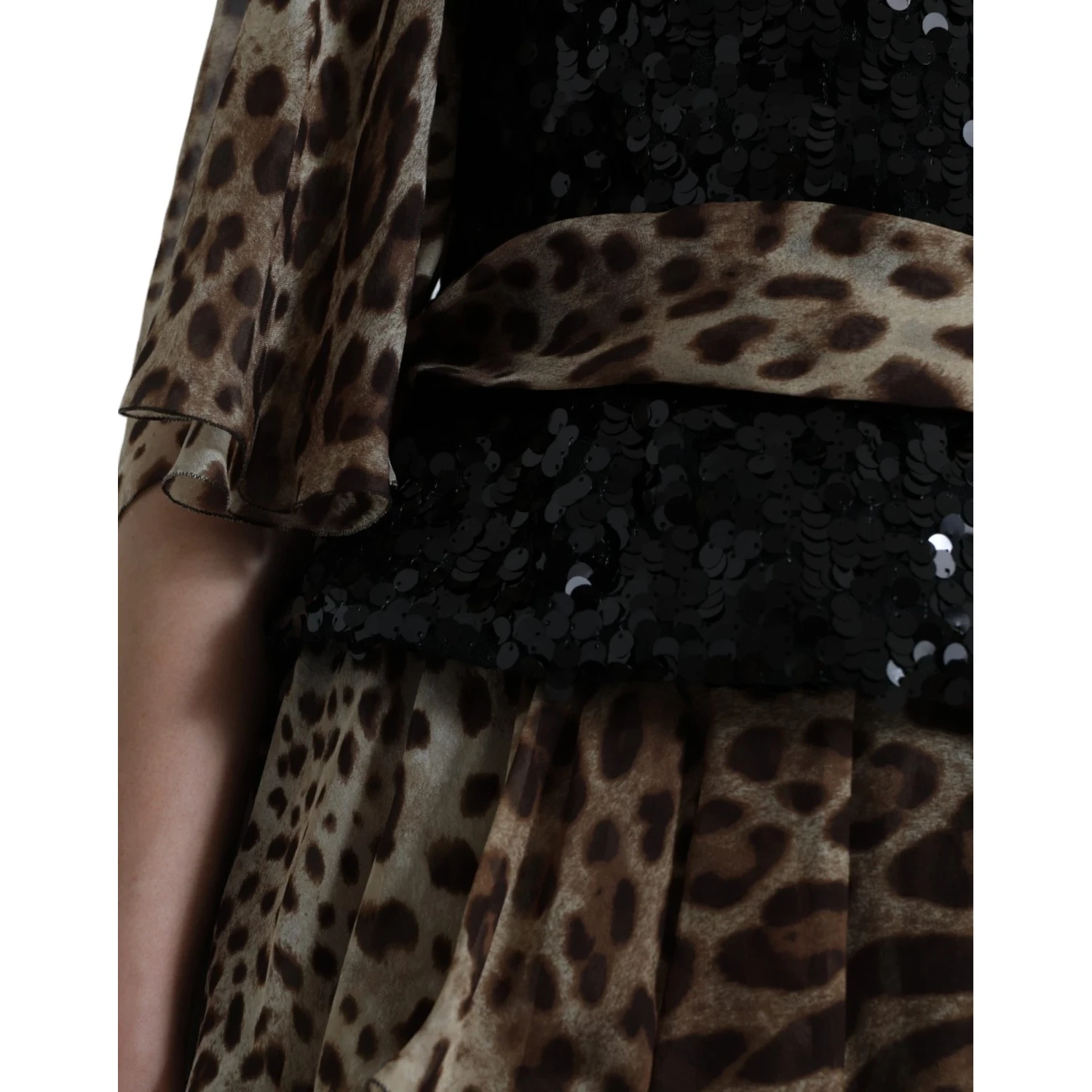 Leopard Print Silk Sequin Ruffle Maxi Dress
