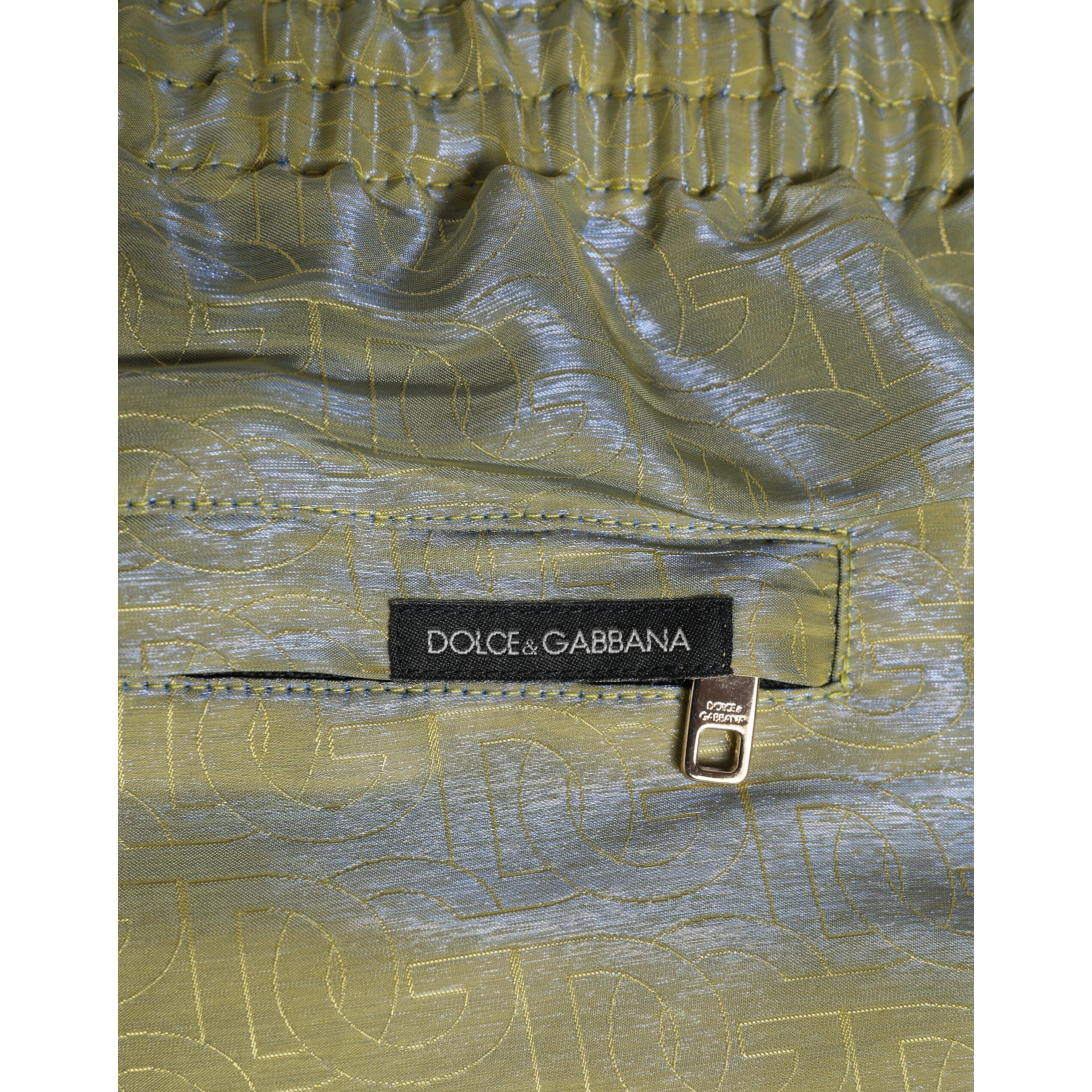 Green Polyester Metallic Logo Print Men Swimwear