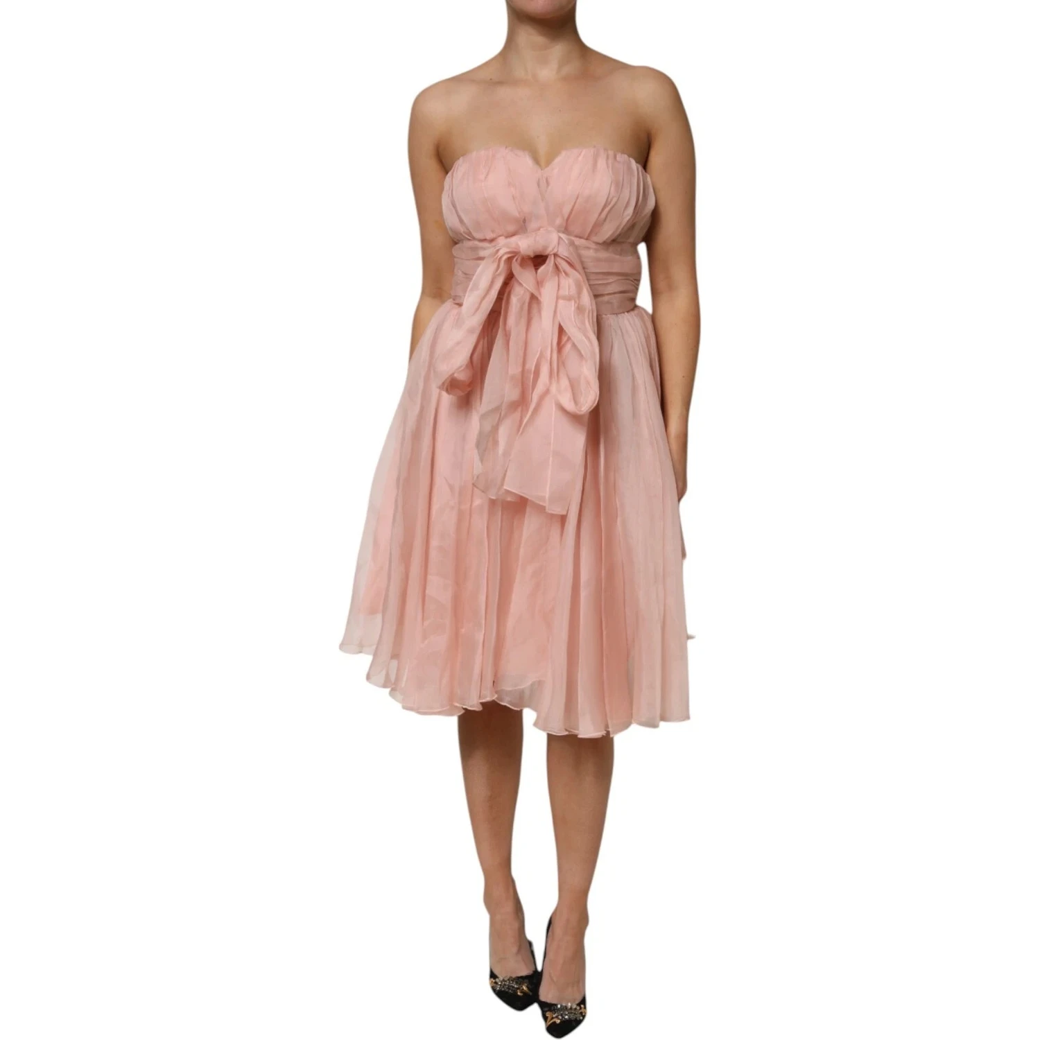 Pink Silk Chiffon A-line Pleated Midi Dress