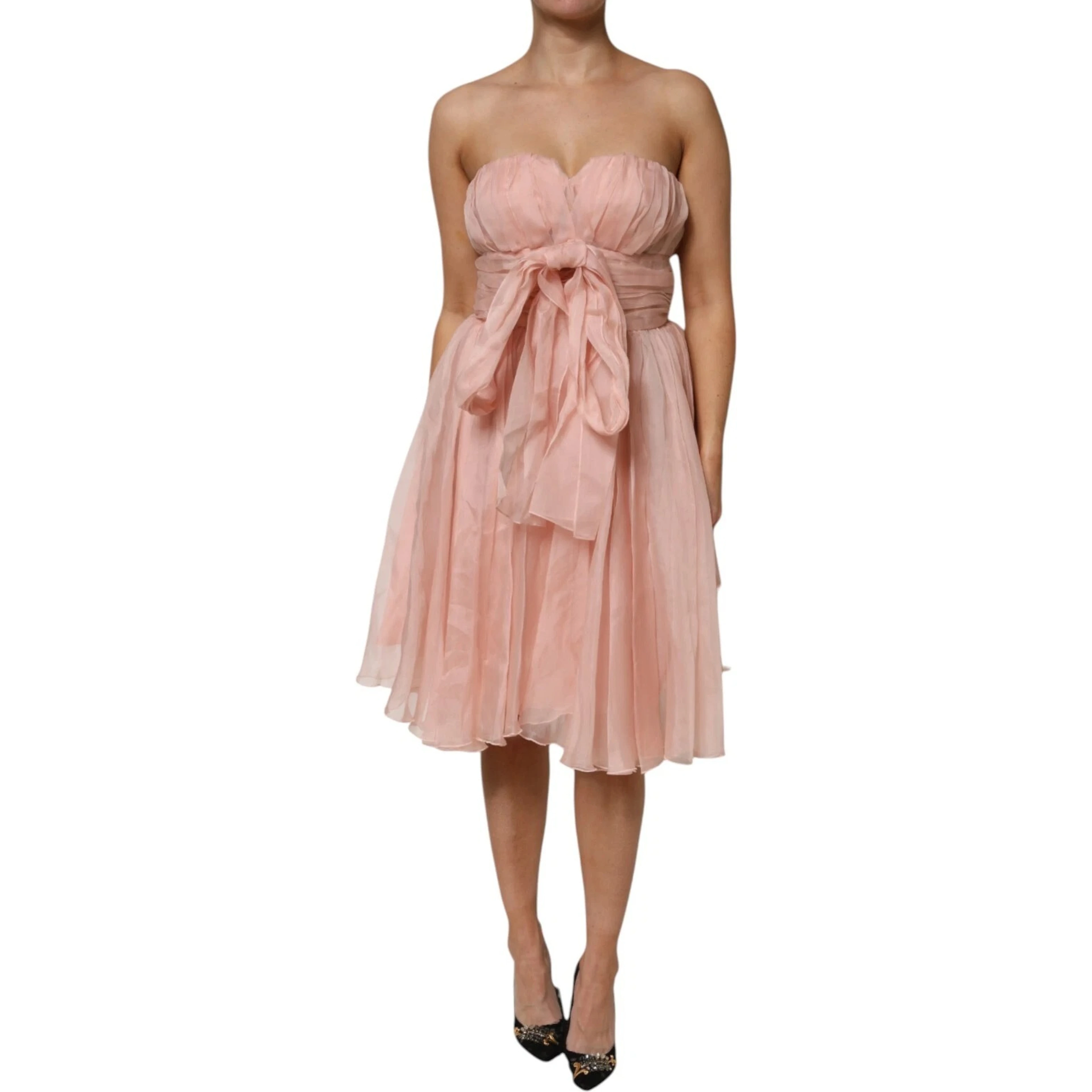 Pink Silk Chiffon A-line Pleated Midi Dress