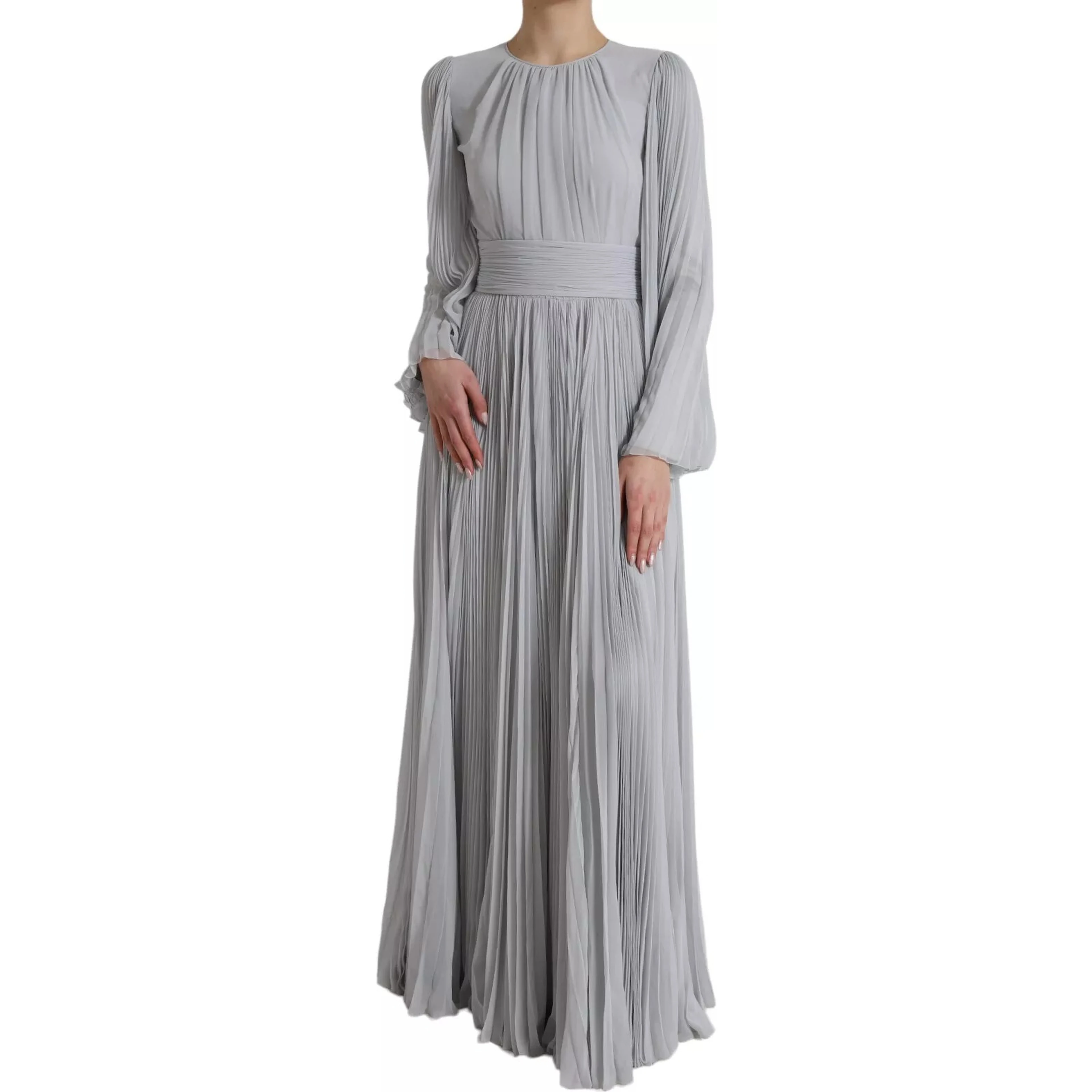 Light Grey Polyester Pleated Long Maxi Dress
