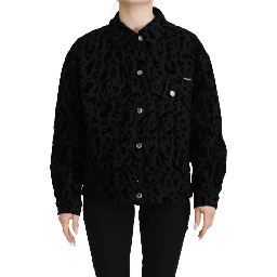 Cotton Black Leopard Long Sleeve Denim Jacket