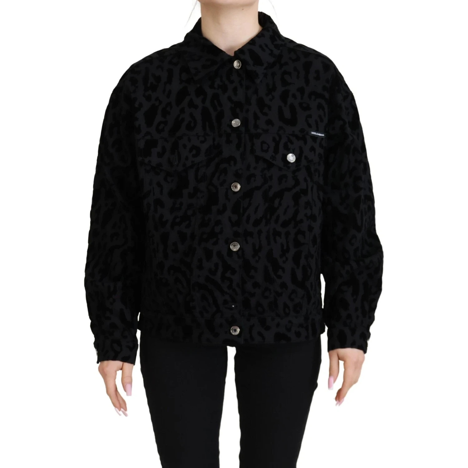 Cotton Black Leopard Long Sleeve Denim Jacket
