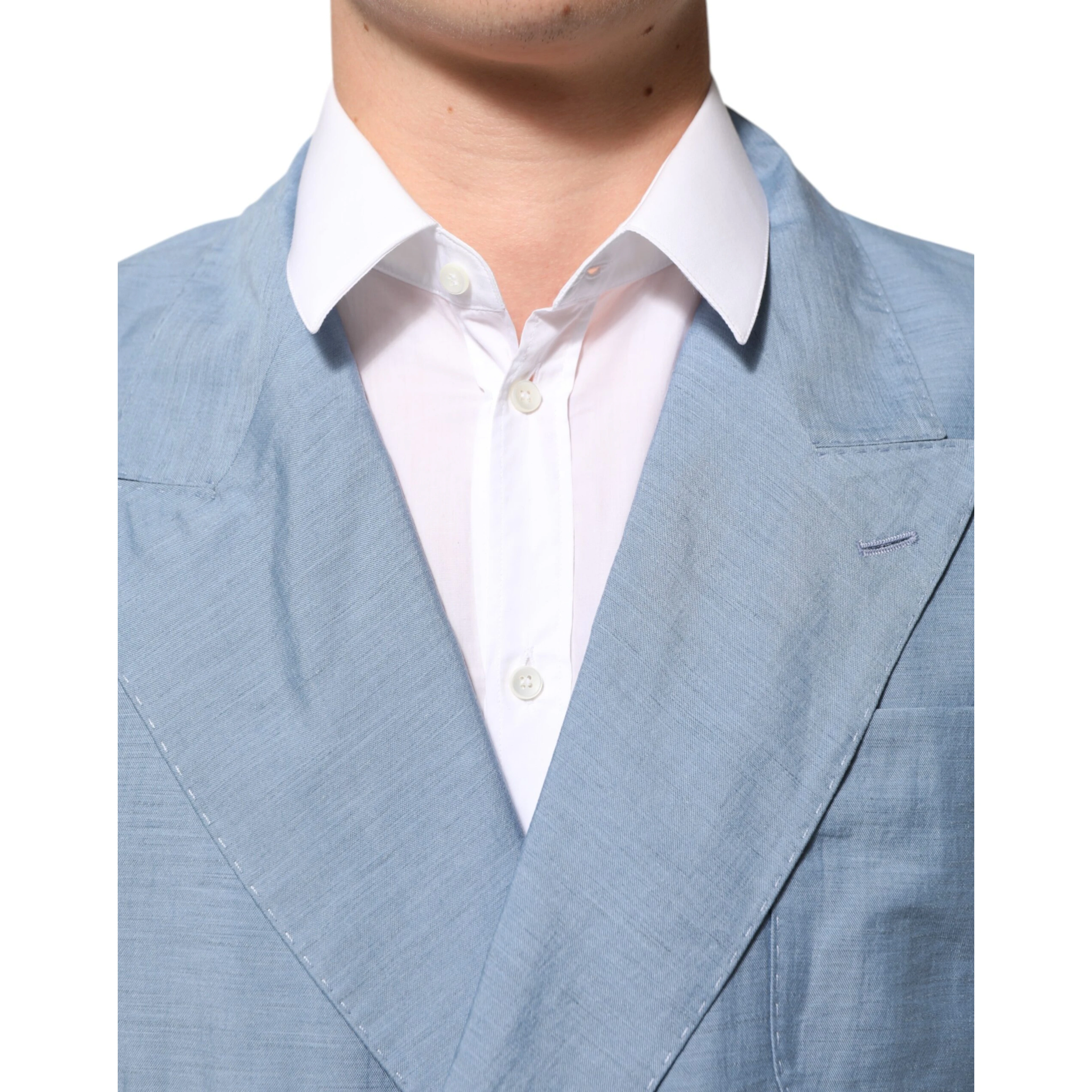 Light Blue Linen Double Breasted Men Jacket Blazer
