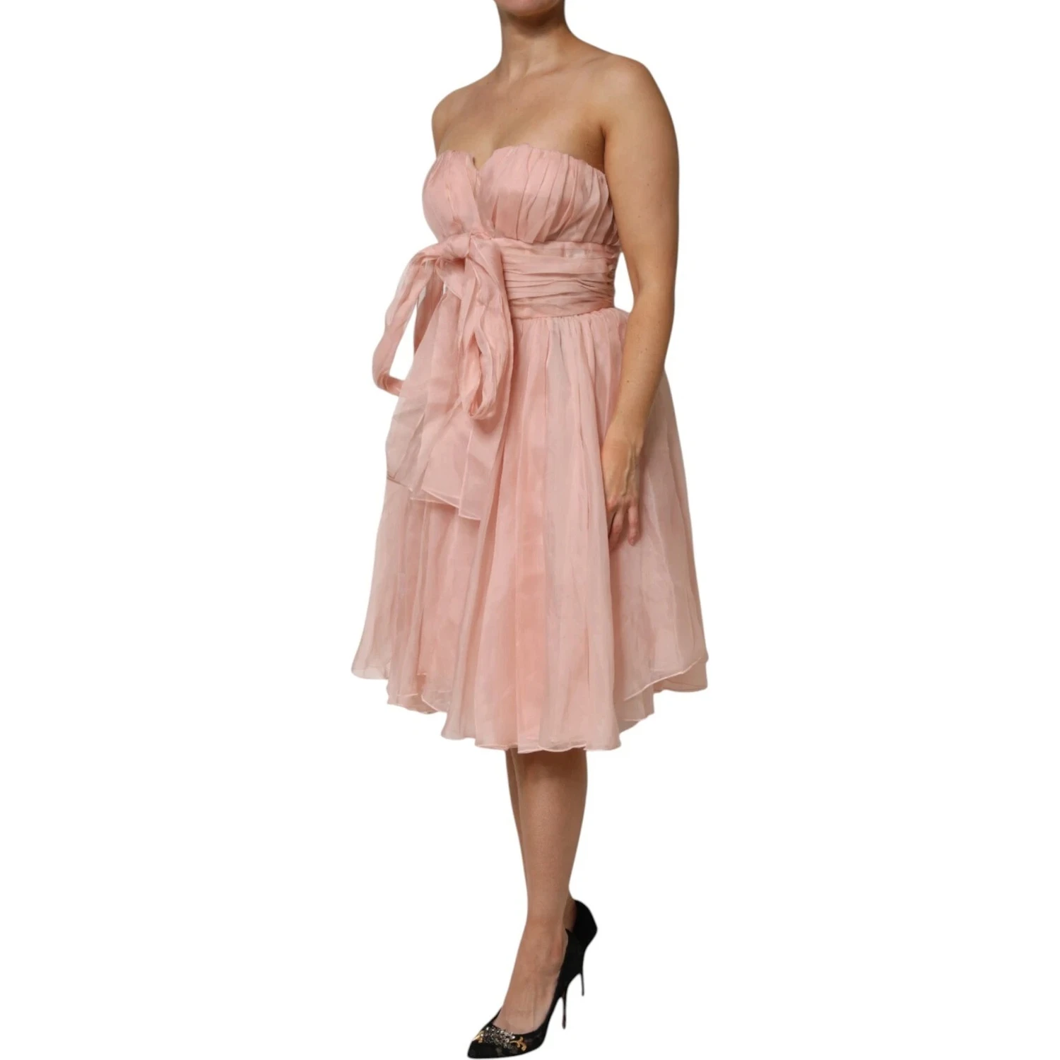 Pink Silk Chiffon A-line Pleated Midi Dress
