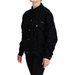 Cotton Black Leopard Long Sleeve Denim Jacket