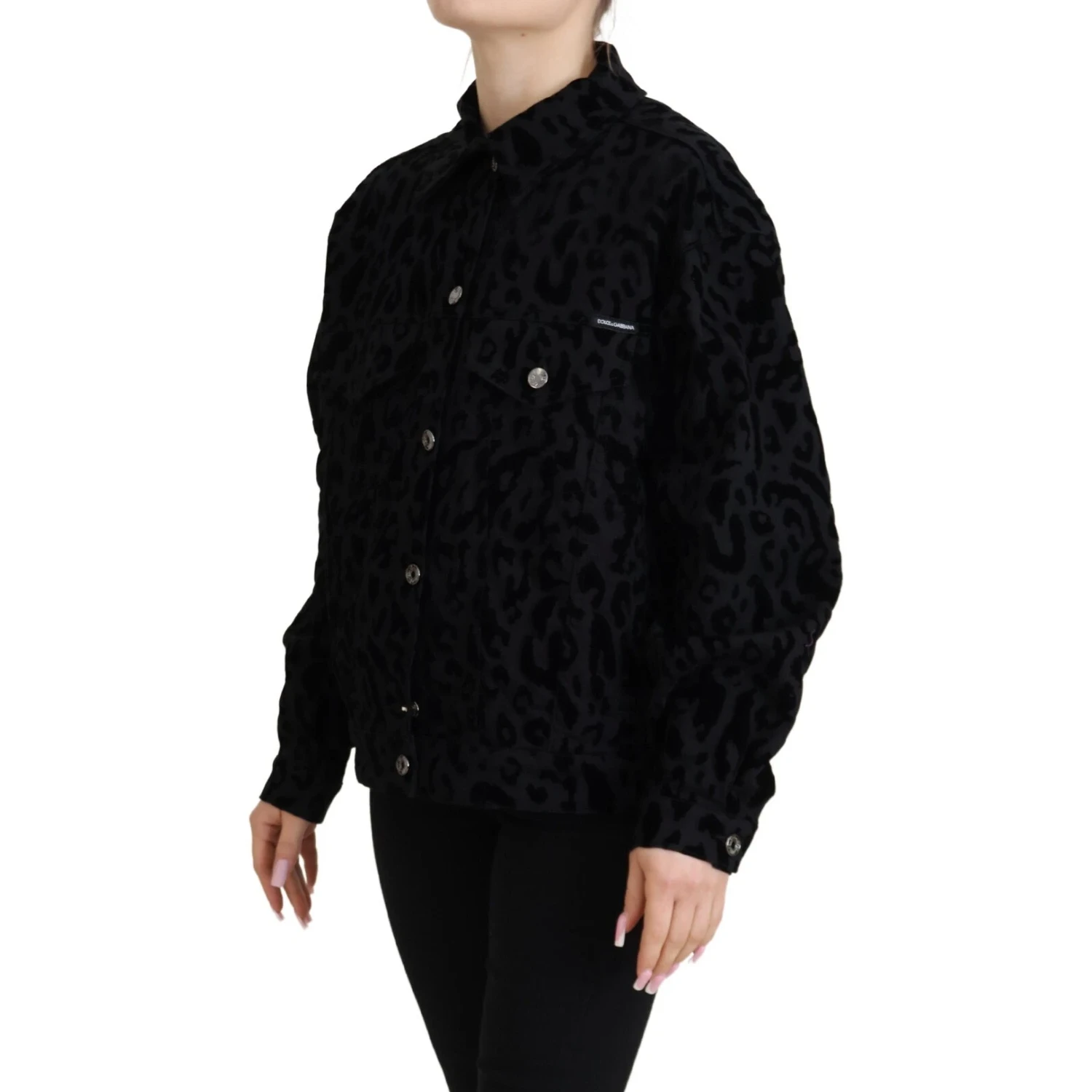 Cotton Black Leopard Long Sleeve Denim Jacket