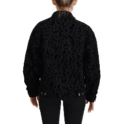 Cotton Black Leopard Long Sleeve Denim Jacket