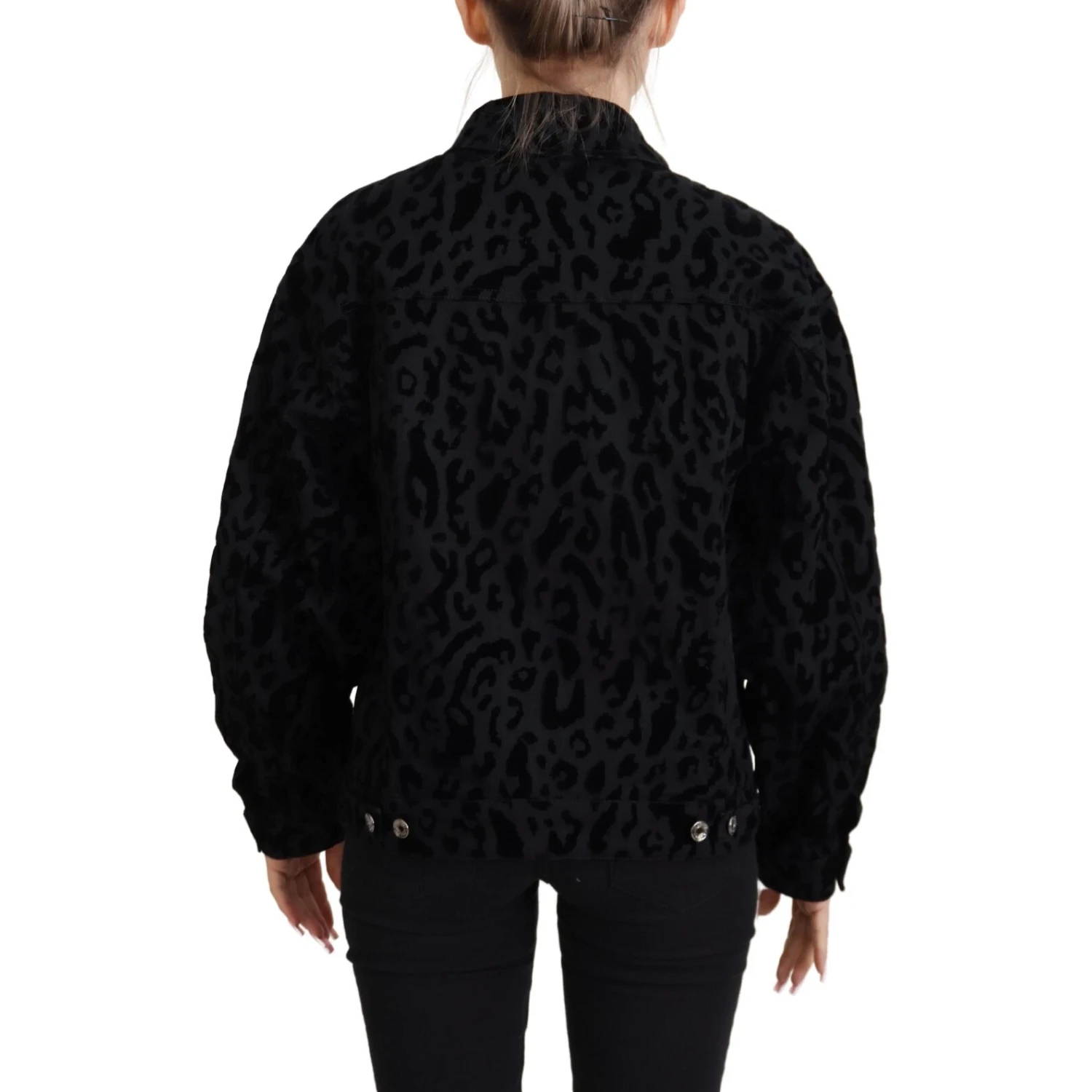Cotton Black Leopard Long Sleeve Denim Jacket