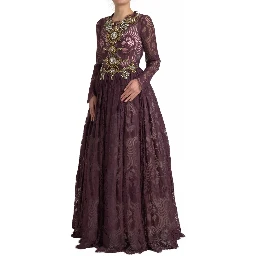 Purple Viscose Crystal A-Line Gown Dress