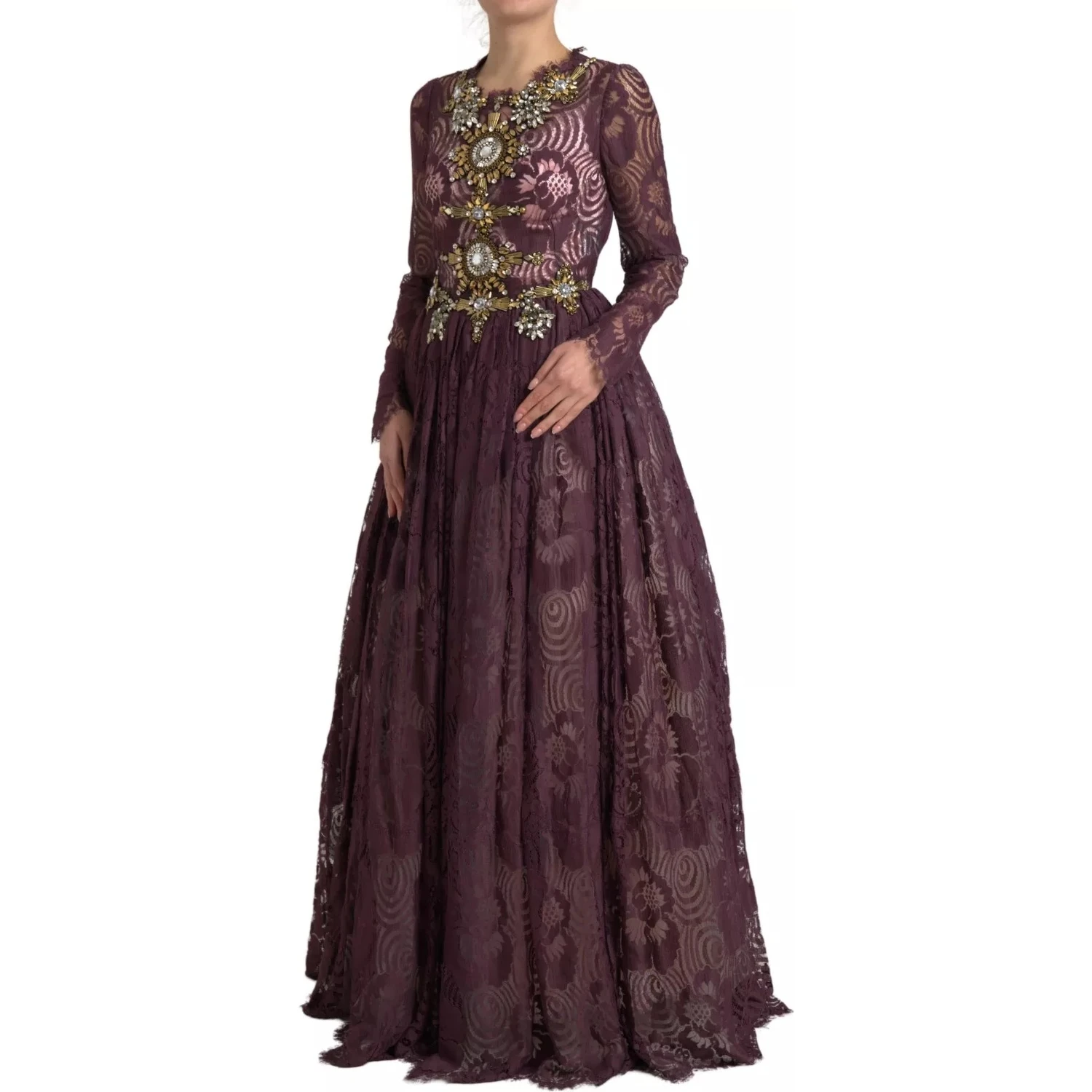 Purple Viscose Crystal A-Line Gown Dress