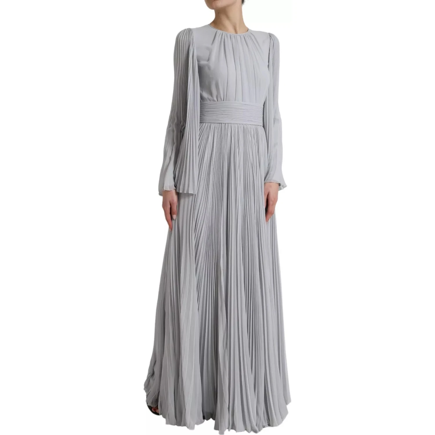 Light Grey Polyester Pleated Long Maxi Dress