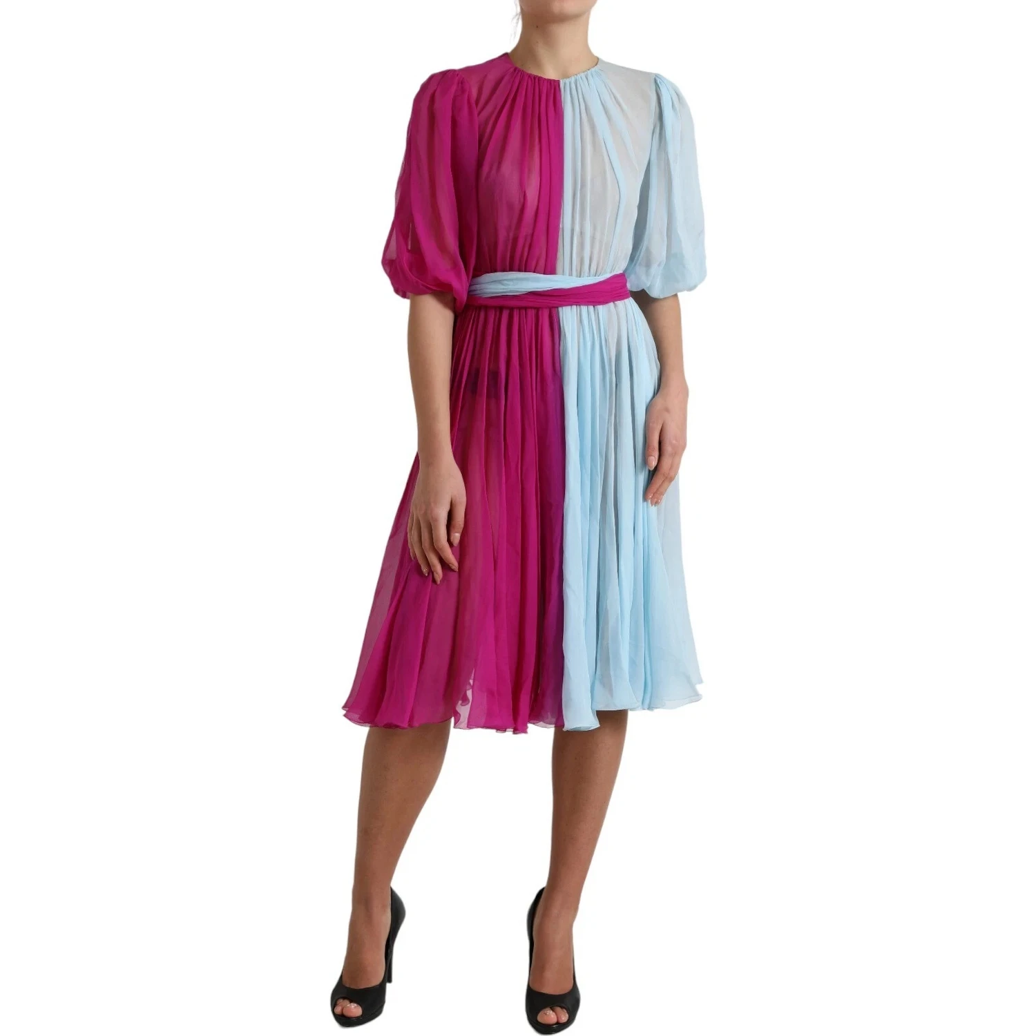 Light Blue Silk Two Tone Midi Dress