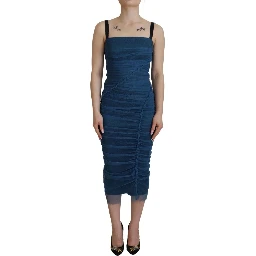 Blue Mesh Trim Ruched Tulle Sheath Dress