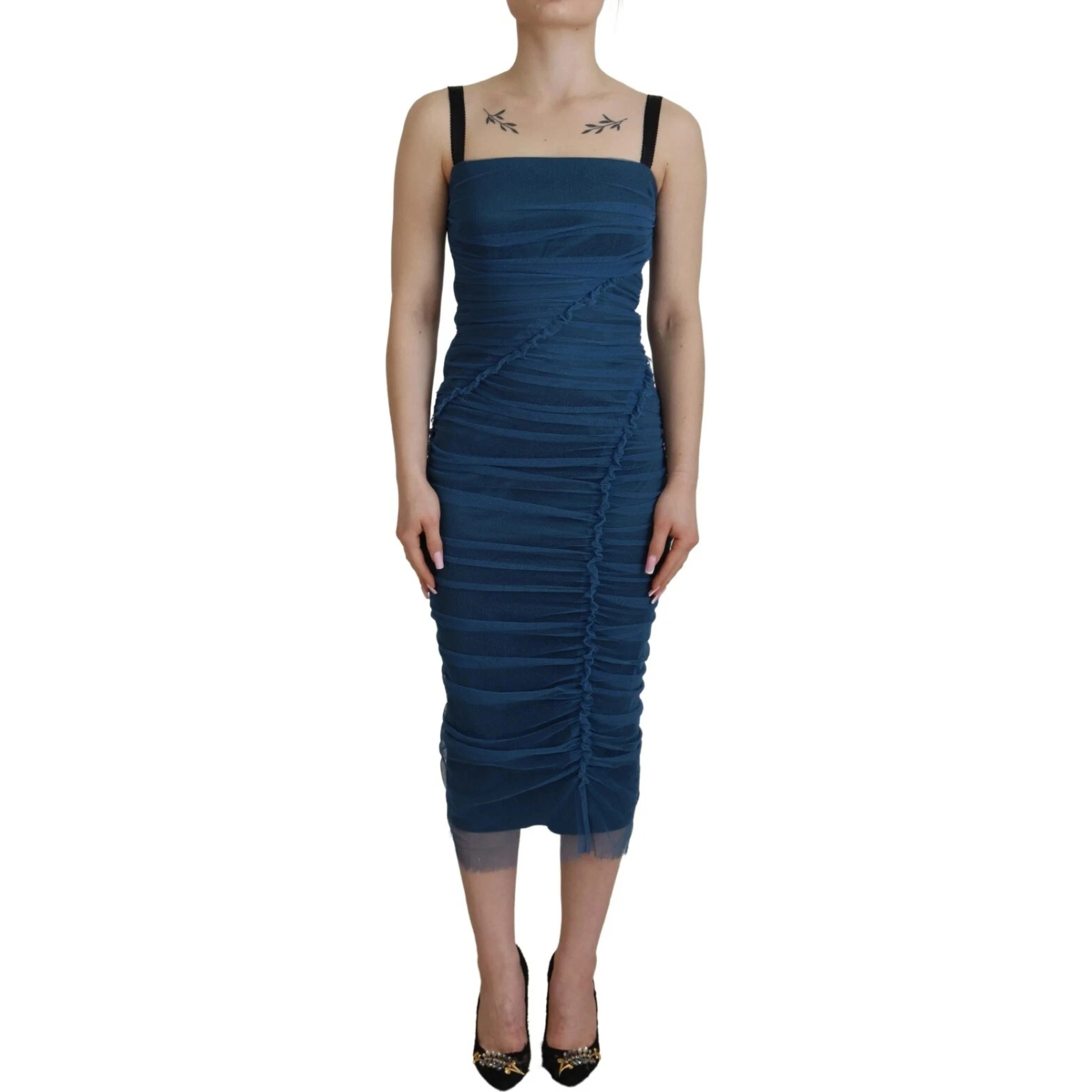 Blue Mesh Trim Ruched Tulle Sheath Dress