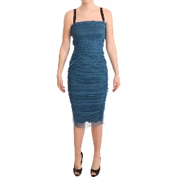 Blue Mesh Trim Ruched Tulle Sheath Dress