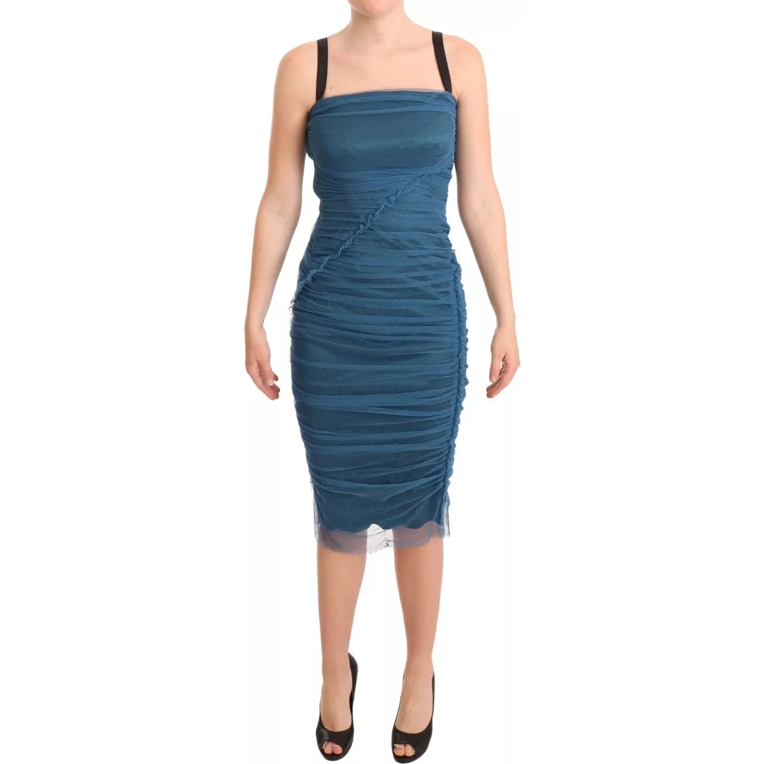 Blue Mesh Trim Ruched Tulle Sheath Dress