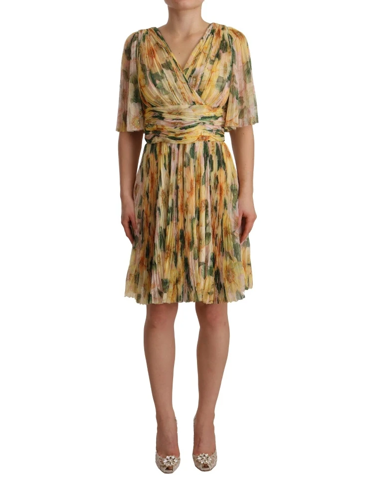 Yellow Floral Print Pleated Maxi Dress