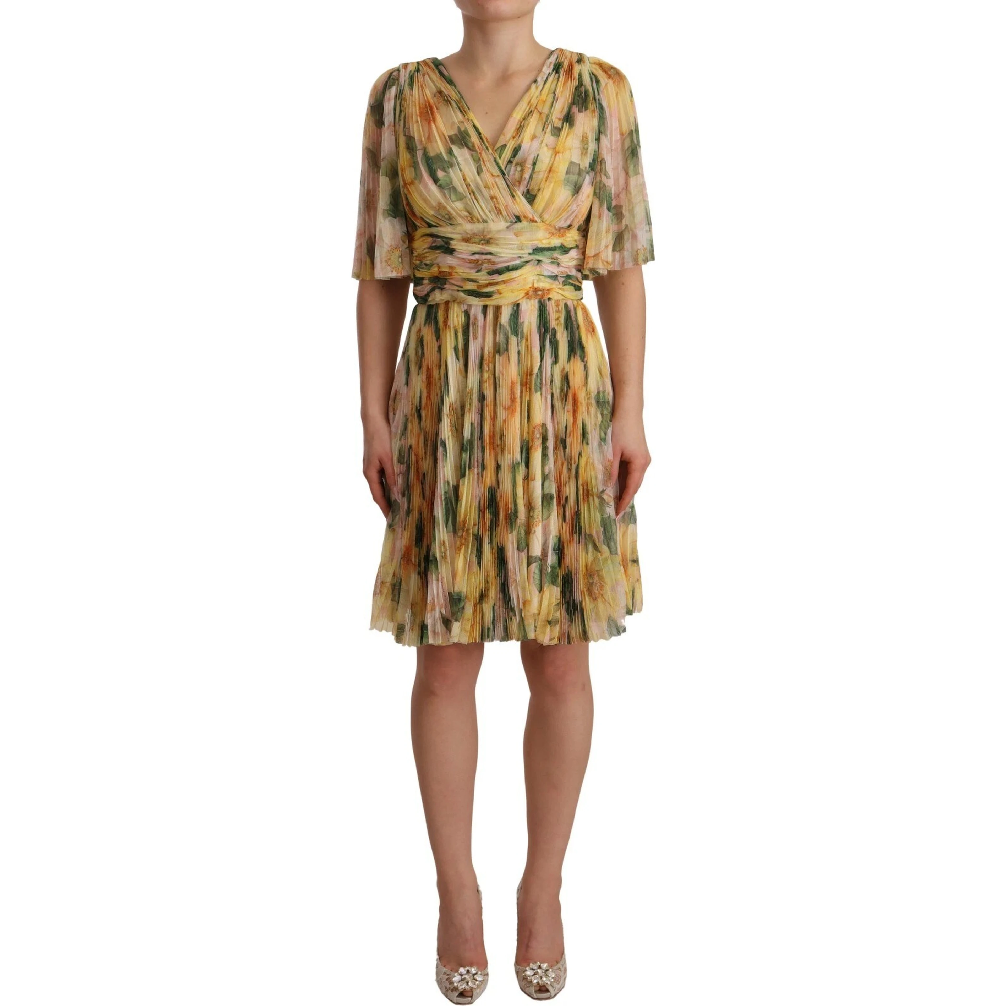 Yellow Floral Print Pleated Maxi Dress