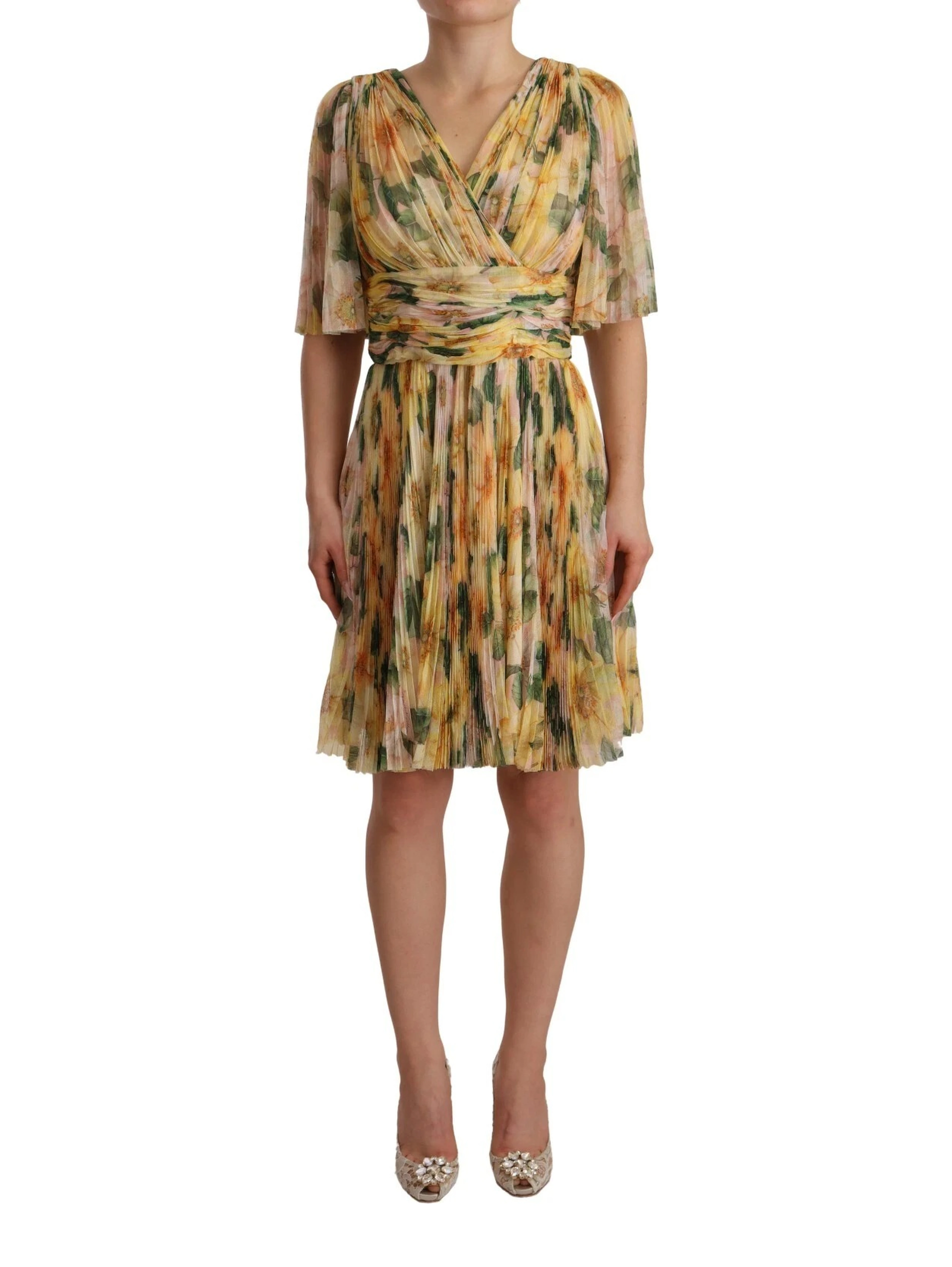 Yellow Floral Print Pleated Maxi Dress