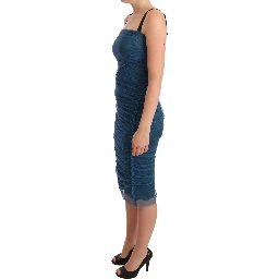 Blue Mesh Trim Ruched Tulle Sheath Dress