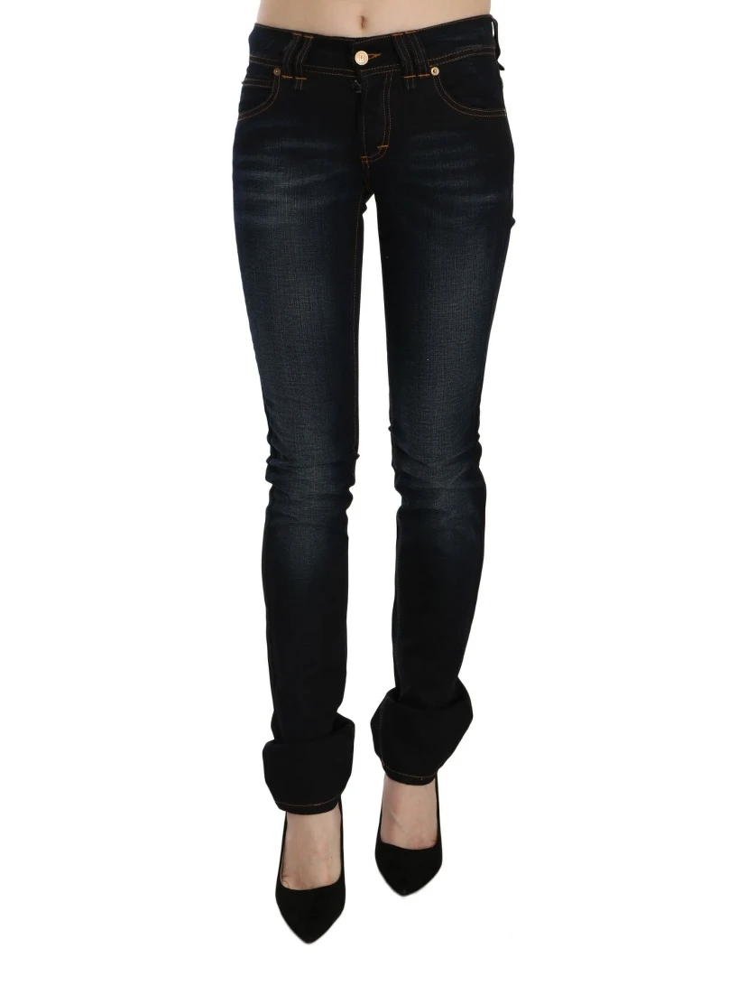Dark Blue Mid Waist Slim Fit Denim Casual Pants Jeans
