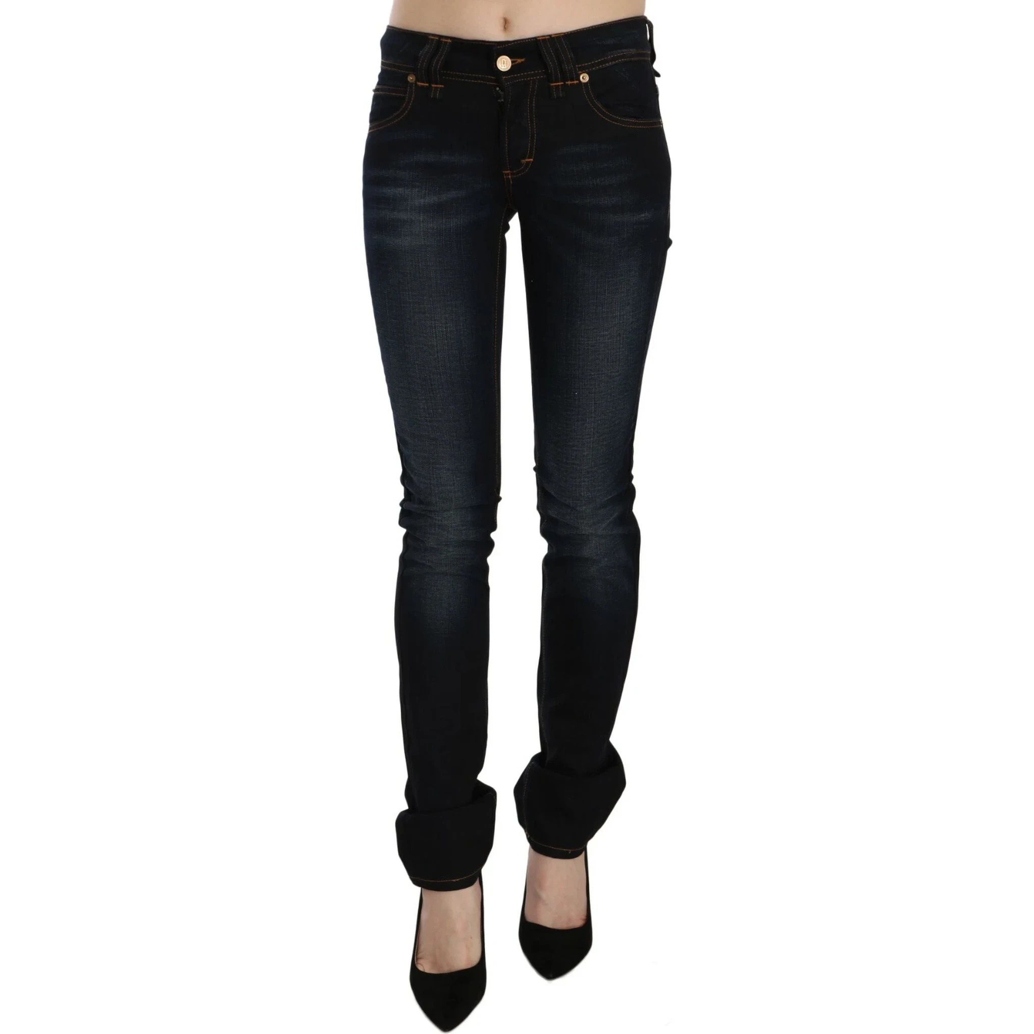 Dark Blue Mid Waist Slim Fit Denim Casual Pants Jeans