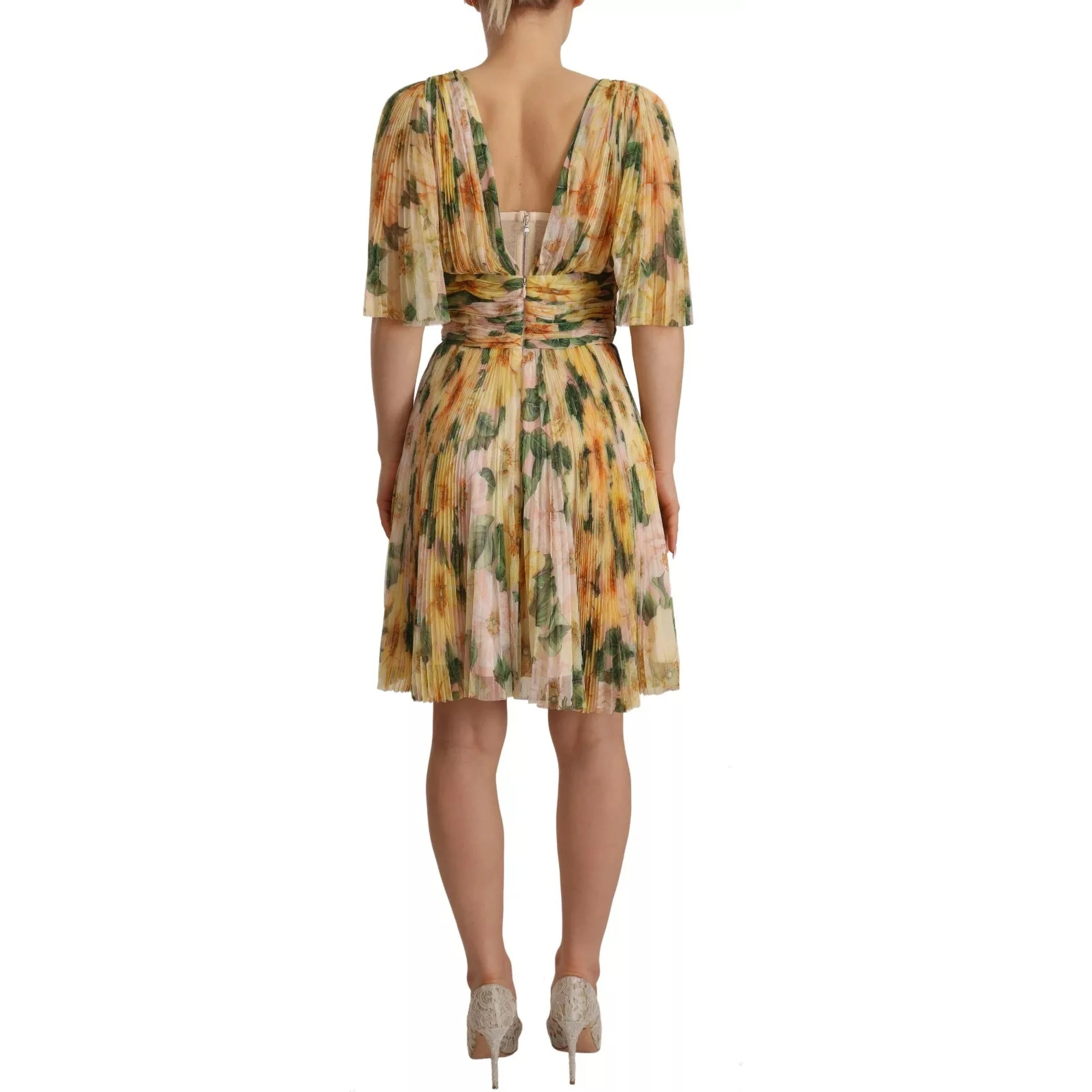 Yellow Floral Print Pleated Maxi Dress