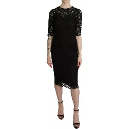 Black Floral Lace Sheath Knee Length Dress
