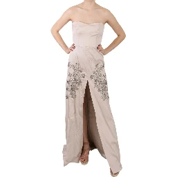Beige Sequined Flower Flare Ball Gown Dress