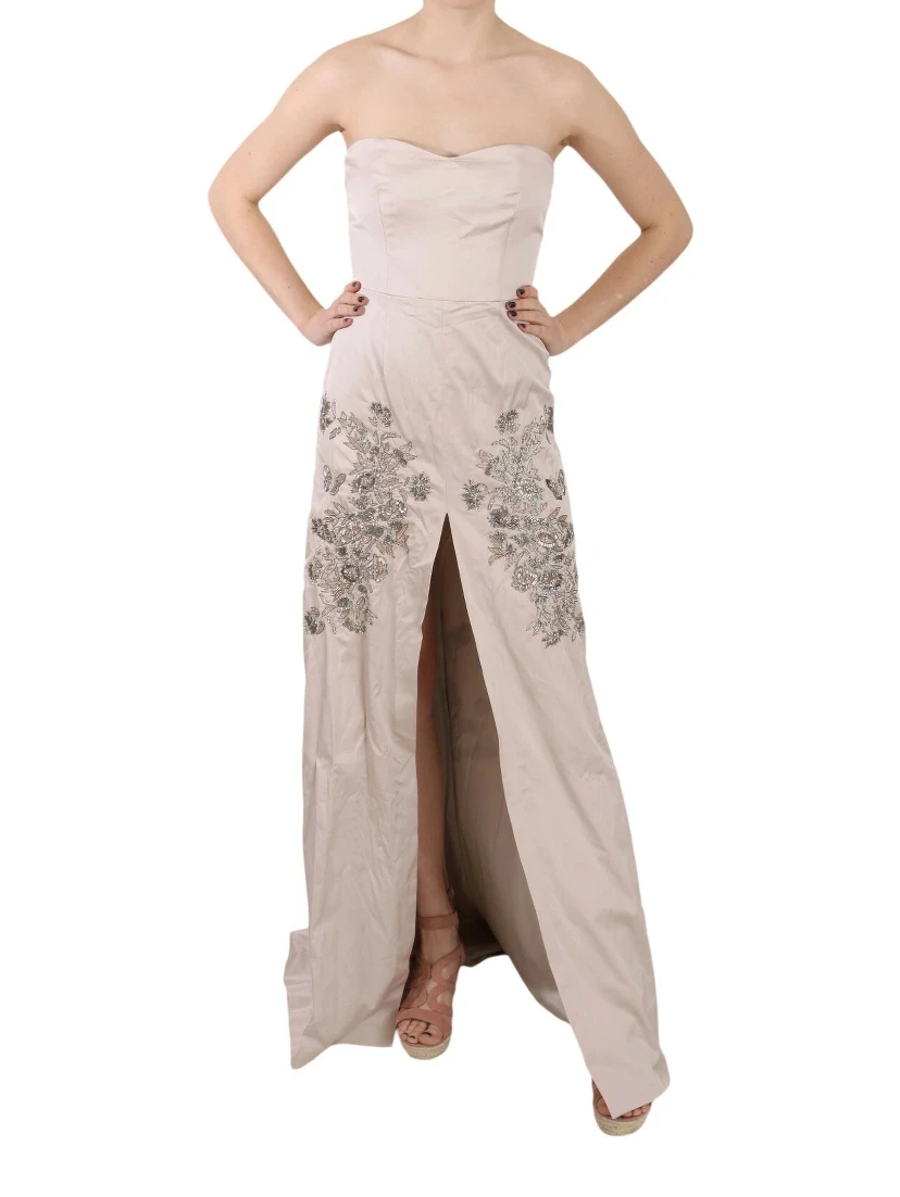 Beige Sequined Flower Flare Ball Gown Dress