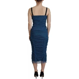 Blue Mesh Trim Ruched Tulle Sheath Dress